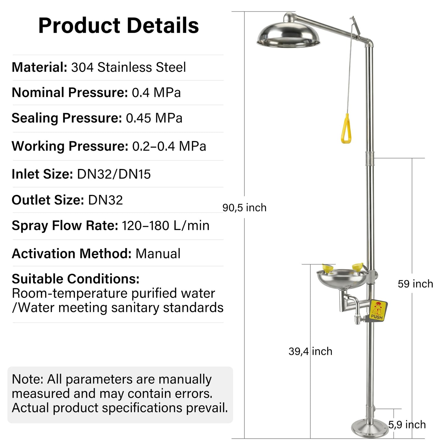Emergency Eye Wash Station with Shower, 304 Stainless Steel Eye Wash and Shower Combination, Floor Mounted Stand Up Eyewash Station, Safety First Aid for Industrial, Commercial and Lab Use