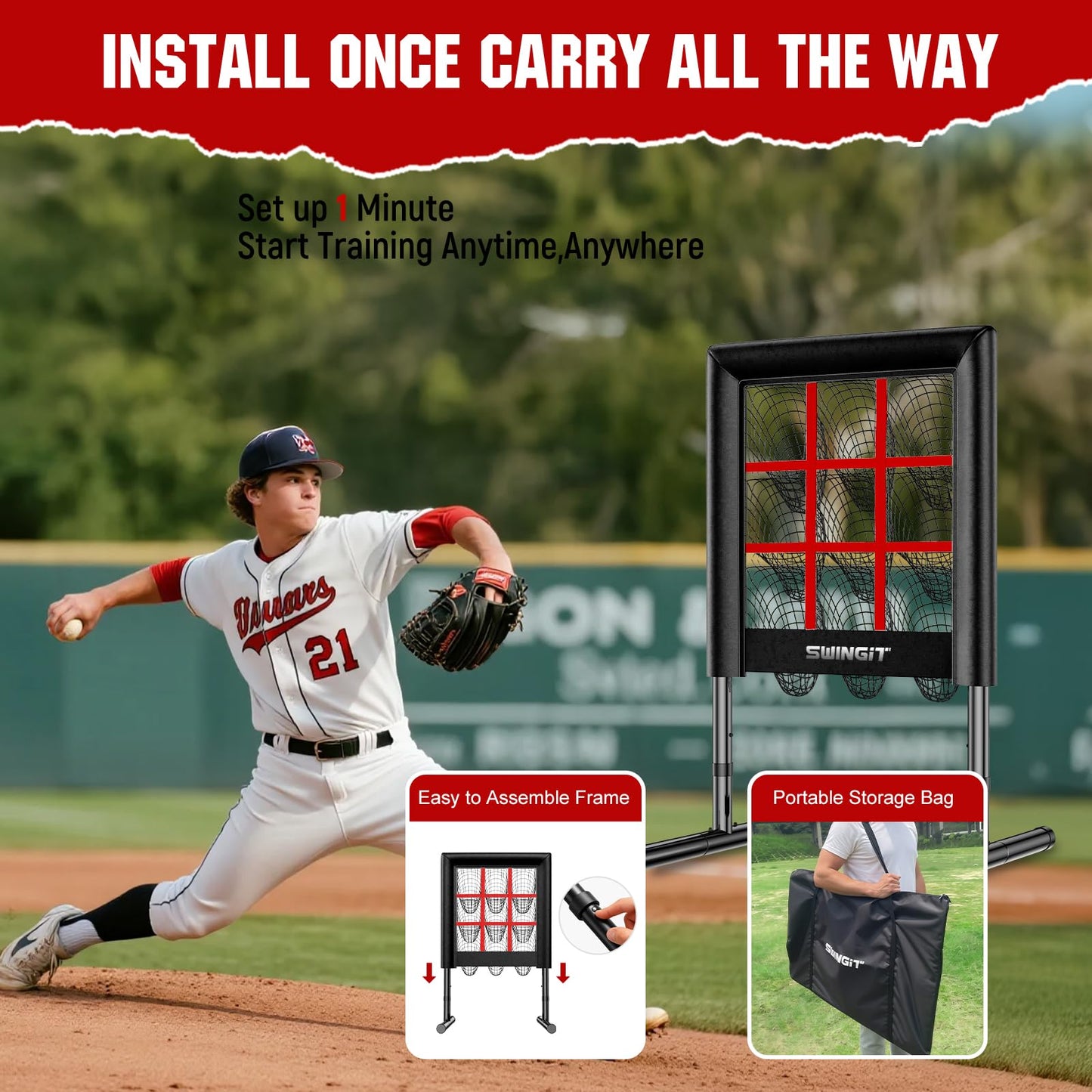 Upgrade 9 Hole Baseball Pitching Net with Strike Zone, Professional Heavy Duty 9 Pocket Softball Pitching net, Throwing Target Portable for Accuracy Training Practice Net, Adjustable Height