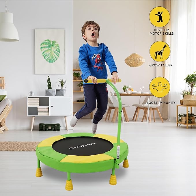 SkyBound 36 Inch Indoor Trampoline for Kids - Kids Trampoline Indoor with Handle - Toddler Trampoline with Upgraded 2.0mm Steel Pipe and Handlebar - Mini Indoor Trampoline for Kids Age 3 and Above