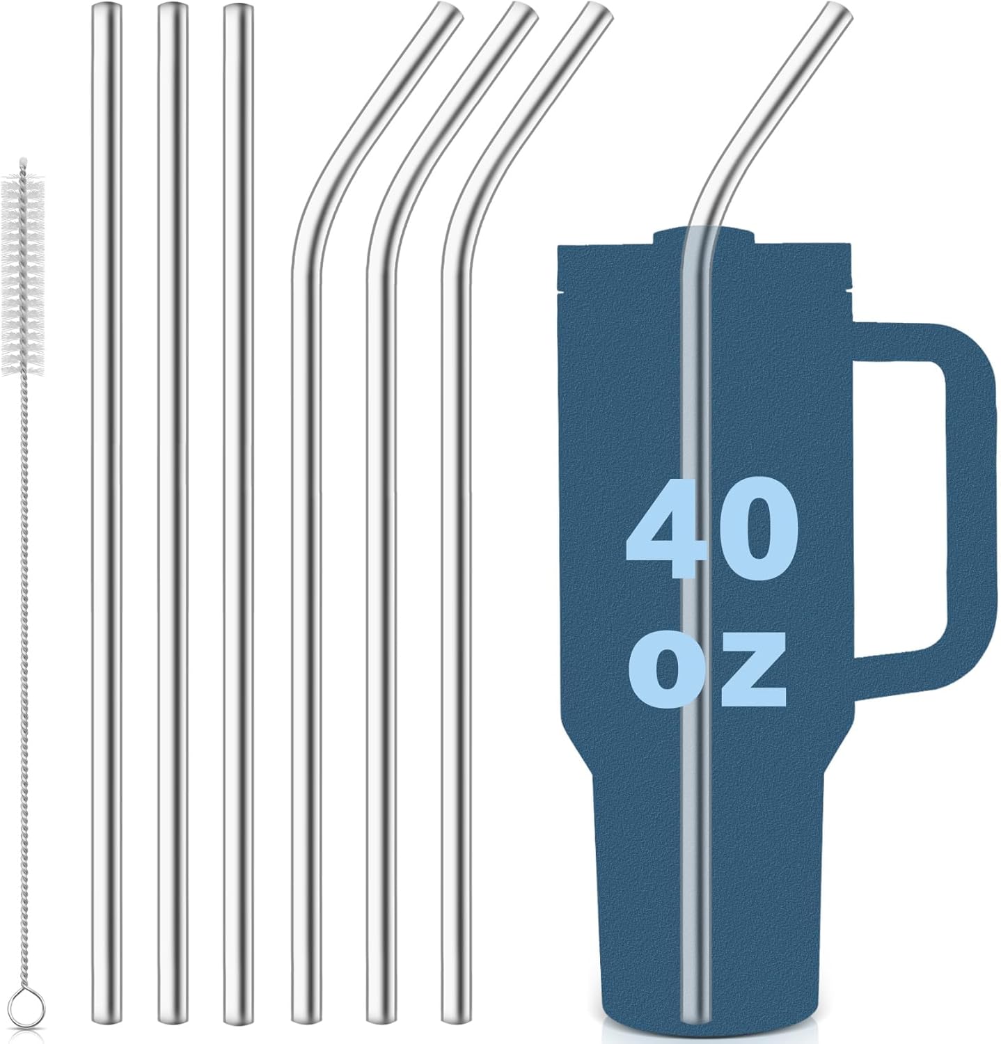 Skiennix 40oz Tumbler Straws - 6 Metal Stainless Steel Replacement Straws, 12-Inch Extra Long | 3 Straight & 3 Bent