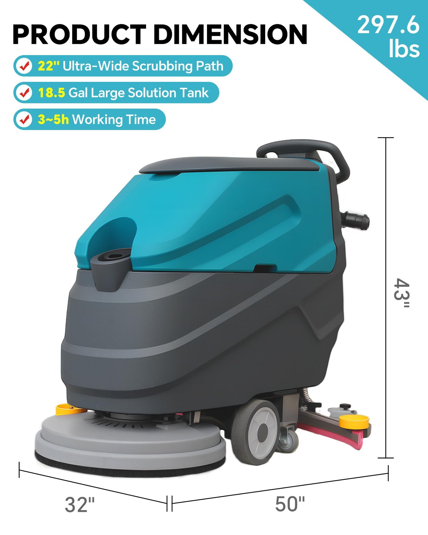 KARHDIR C7 Walk Behind Commercial Floor Scrubber Machine, 22" Cleaning Width, 33" Suction Width, 18.5 Gallon Solution Tank, 15.9 Gallon Recovery Tank, 32000 Sqft/h, Complete Set of Parts