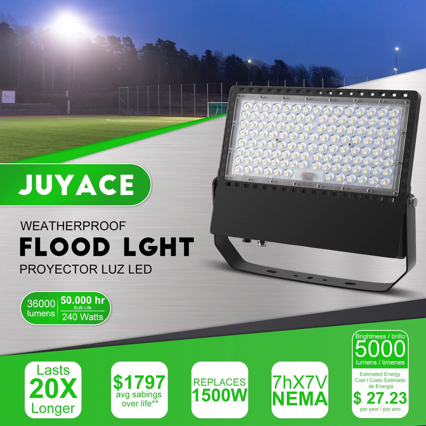 Juyace Led Stadium Flood Light Outdoor 36000Lm 1500W Equivalent Super Bright Commercial Area Lighting 100-277V 5000K Daylight IP65 Waterproof Arena Lights for Sport Fields and Courts