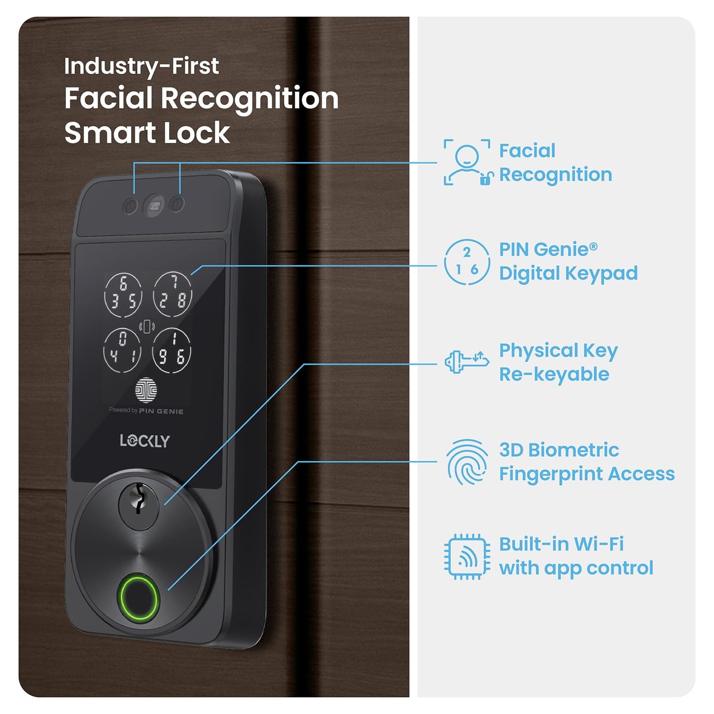 Lockly Visage Zeno Series Smart Lock, Facial Recognition & Fingerprint Keyless Entry Door Lock, Built-in Wi-Fi Deadbolt with Apple Home Key, PIN Genie Keypad, App Remote Control (Matte Black)