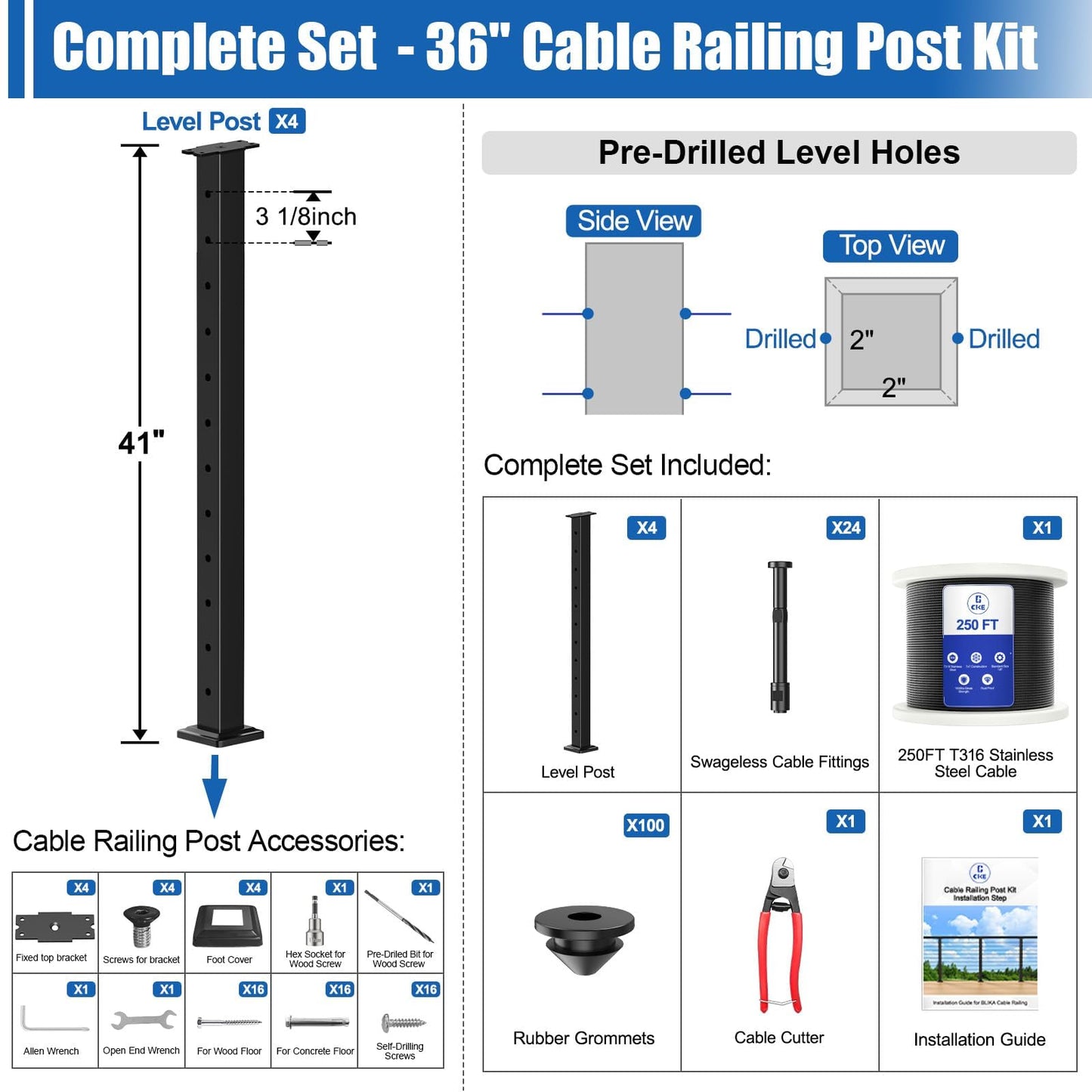 CKE 15ft-20ft Complete Set 42" Cable Railing Post Kit, 4Pack Black Level Drilled Line Posts(41"x2"x2"), Swageless Deck Cable Railing System Kit, 250ft 1/8" Wire Rope(No Handrail), Black Post Kit LPS02
