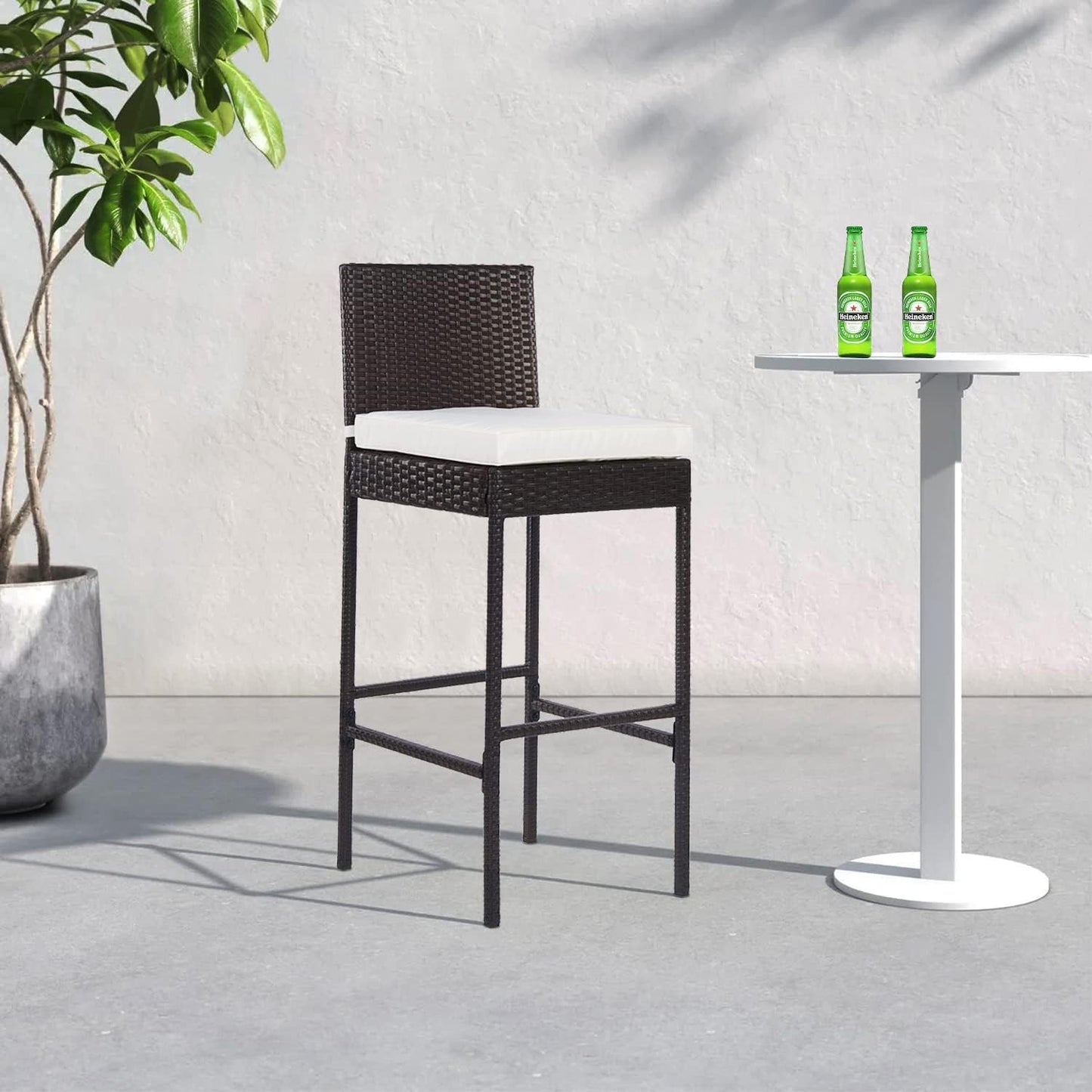 PayLessHere Rattan Bar Stools - Set of 2 Wicker Counter Height Chairs with Backrest & Cushion, Brown