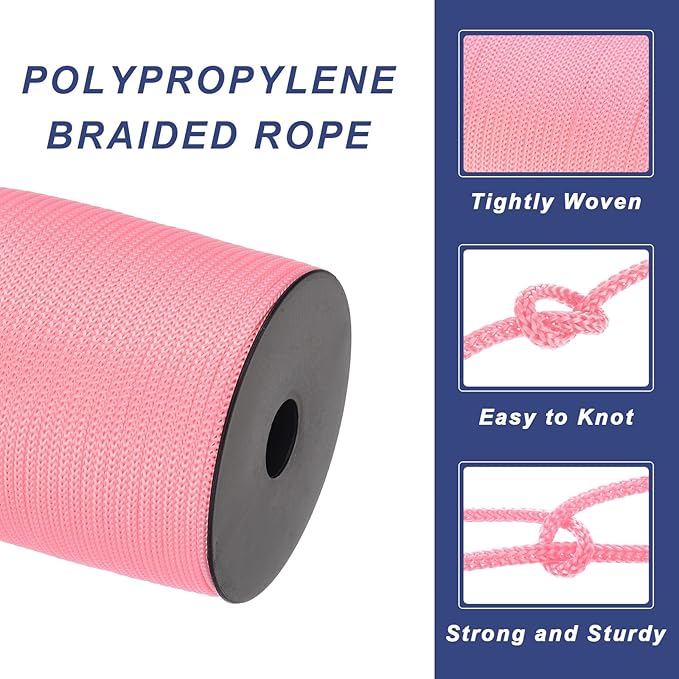MECCANIXITY 5/32 Inch Polypropylene Rope Braided Ropes, 328ft Camping Rope Hollow Utility Cord for Clothesline, Hiking, Outdoor, Pale Pink