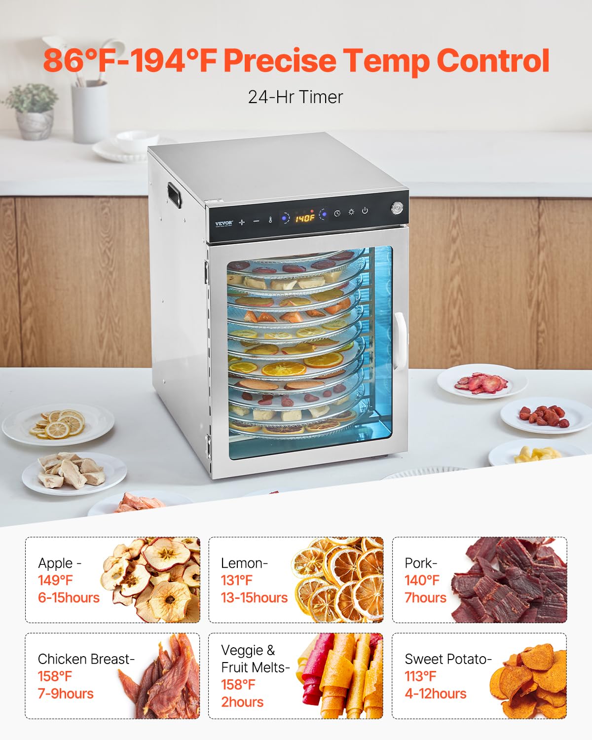 VEVOR Food Dehydrator Machine, Rotary 12 Stainless Steel Trays, 800W Electric Food Dryer with Adjustable Temp & 24-Hour Timer, Food-Dehydrator for Jerky, Meat, Fruit, Vegetables, Herbs, Dog Treats