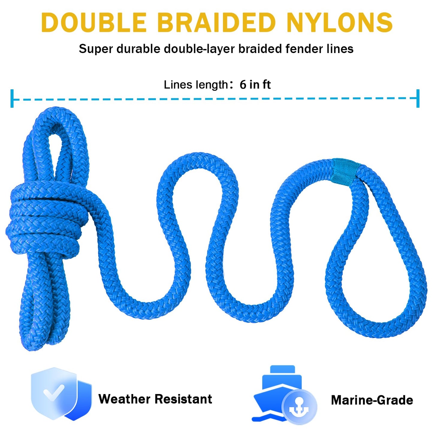 2 Pack 3/8'' x 6' Boat Fender Lines for Mooring, Docking Ties & Small Boat,Premium Marine- Grade Double Braided Nylon Boat Rope with a 5" Eyelet,Anti-Wear & Weather-Resistant-Lake Blue