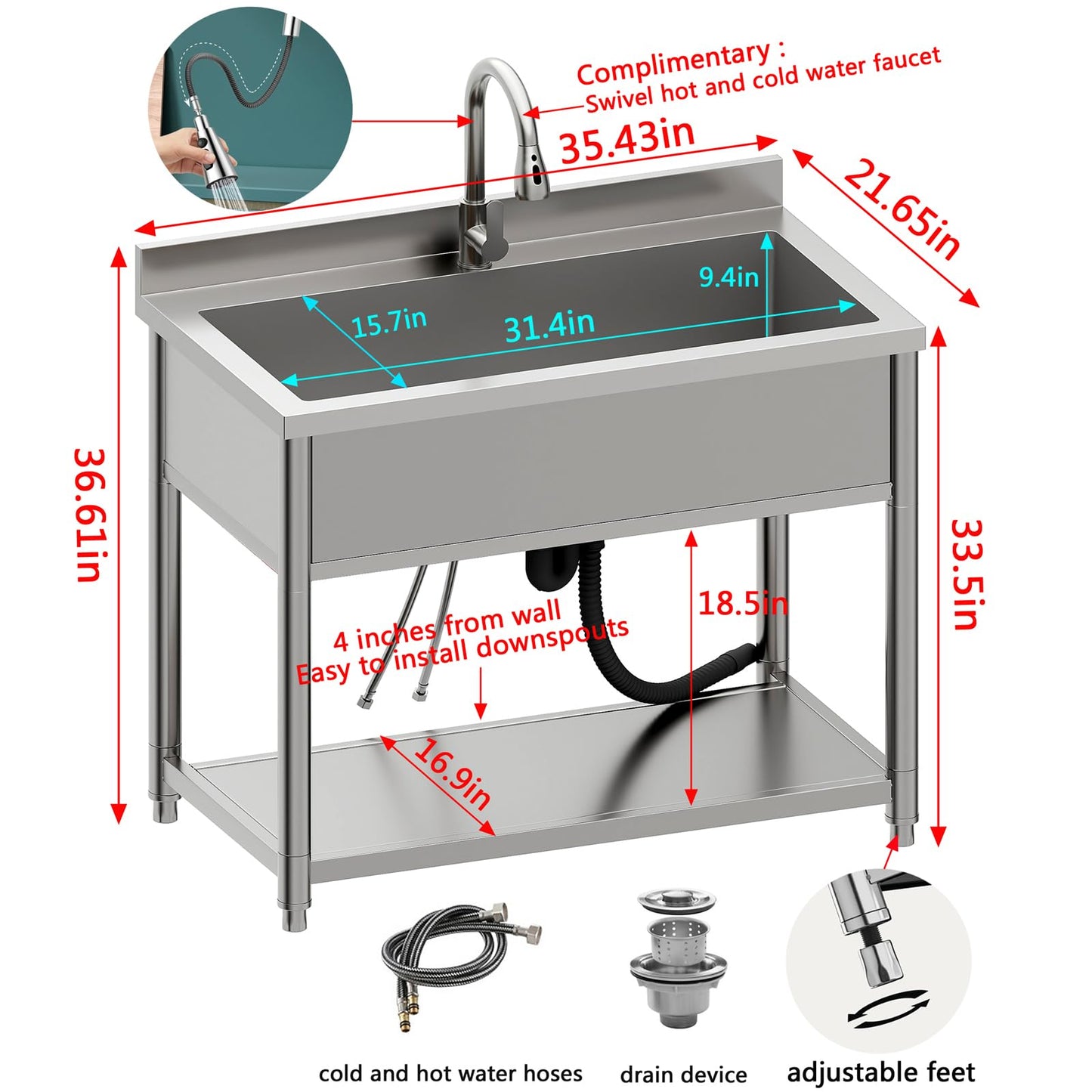 Stainless Steel Utility Sink, Large Freestanding Laundry Sink with Pull-out Faucet for Kitchen, Bathroom, Laundry Room, Garage, Outdoor/Indoor Use, Pet Cleaning, D21.65 x W35.43 x H36.61 inch