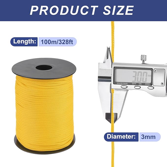 MECCANIXITY 1/8 Inch Polypropylene Rope Braided Ropes, 328ft Nylon Rope Hollow Utility Cord for Clothesline, Camping, Hiking, Outdoor, Light Yellow