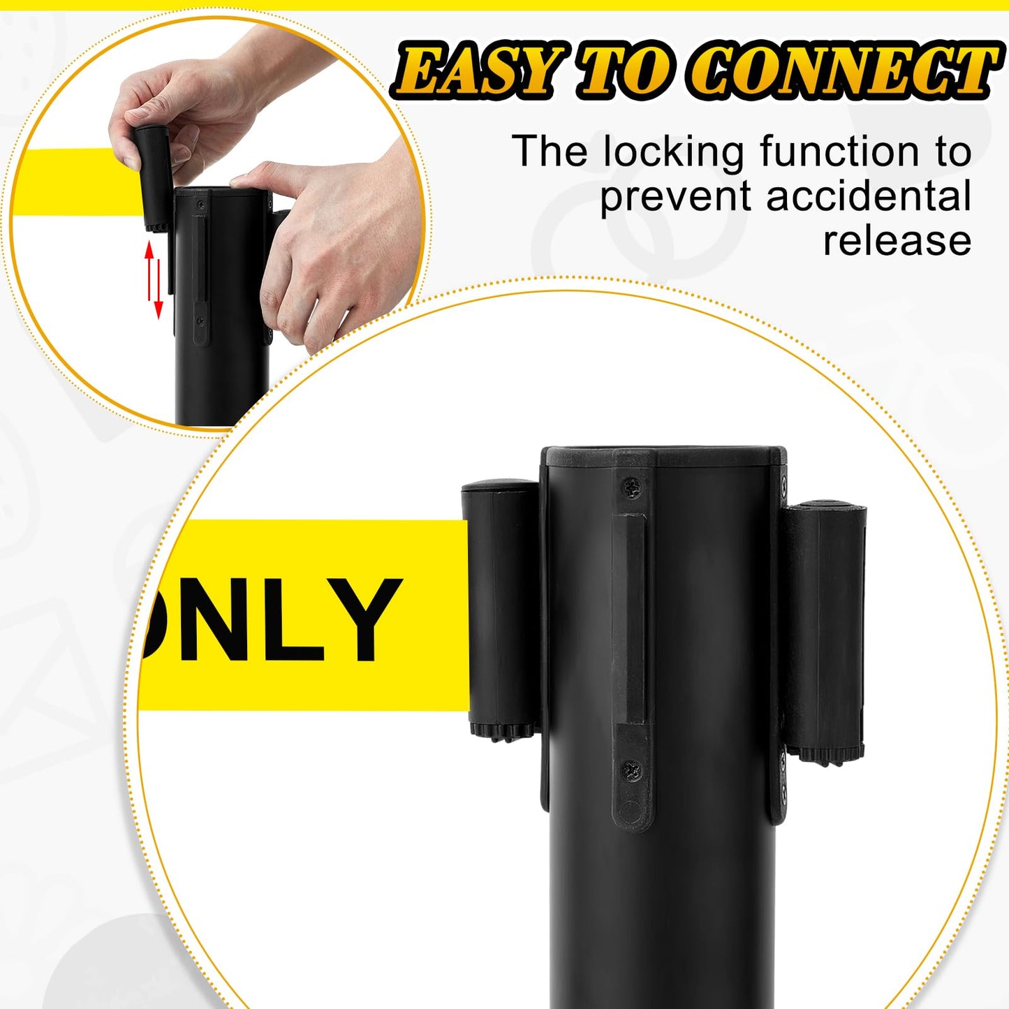Therwen 6 Pack Heavy Duty Crowd Control Stanchions 9.8 ft Stainless Steel Stanchion Set with 6 Safety Barrier Post Retractable Belt and 1 Sign Holder Crowd Control Barrier(Caution Belt,Yellow)