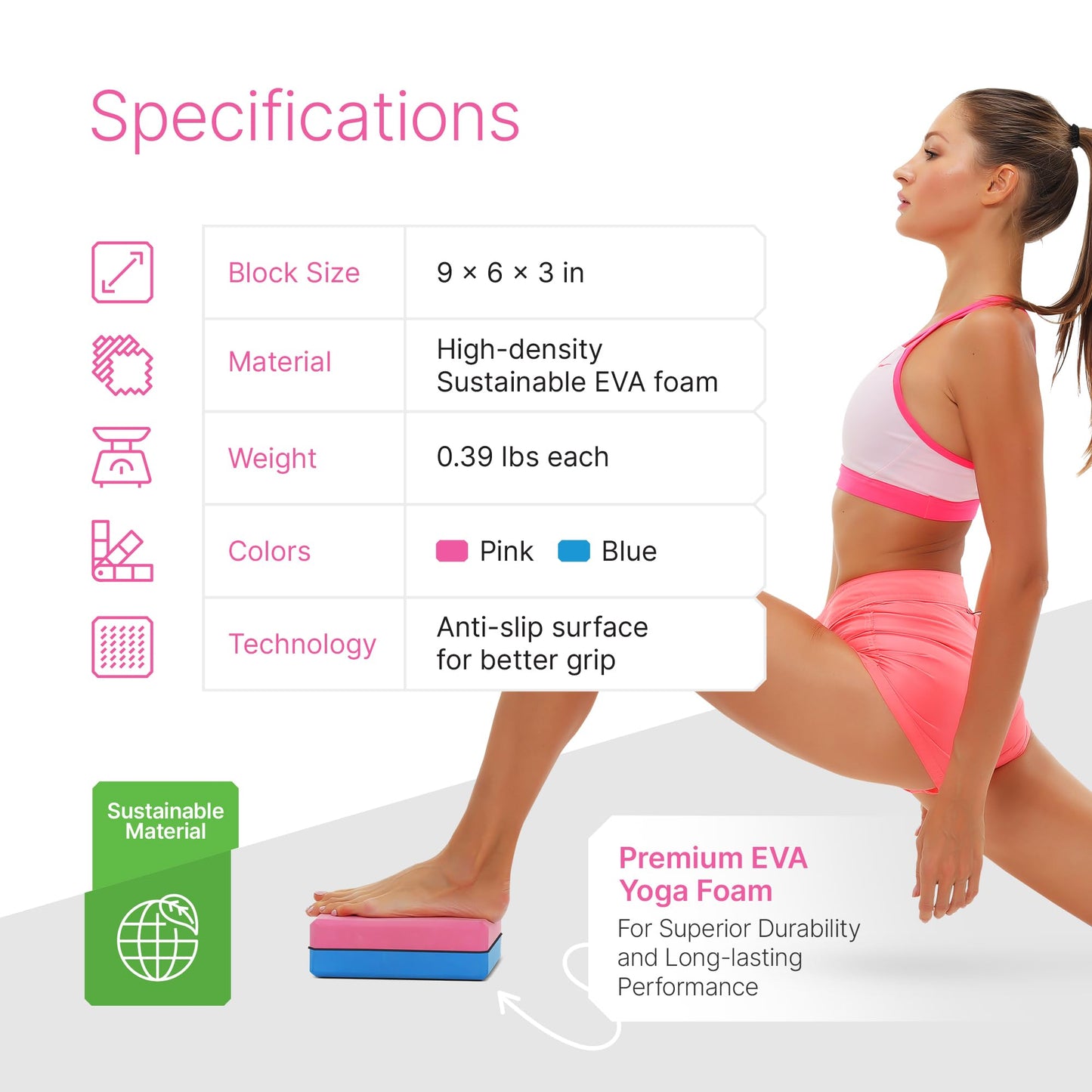 Yoga Blocks 2 Pack with Strap & Guide – Non-Slip EVA Foam Pilates Blocks for Home Workouts, Dance, Ballet, Gymnastics & Stretching Exercise | Ideal Dancer Gifts