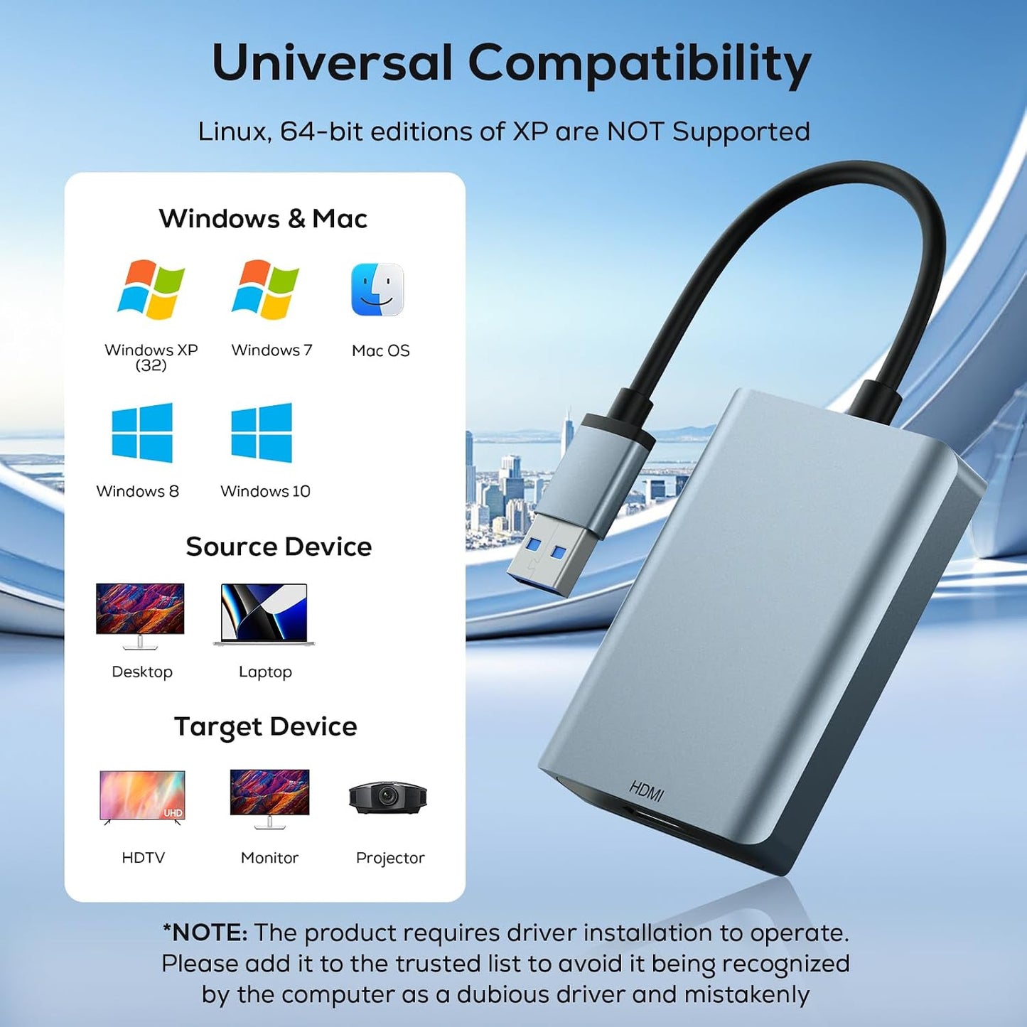 WENTER 3.0 10/8.1/8/7 USB to HDMI Adapter, USB HDMI Audio Video Graphics Converter Cable for Laptop Monitor Desktop TV