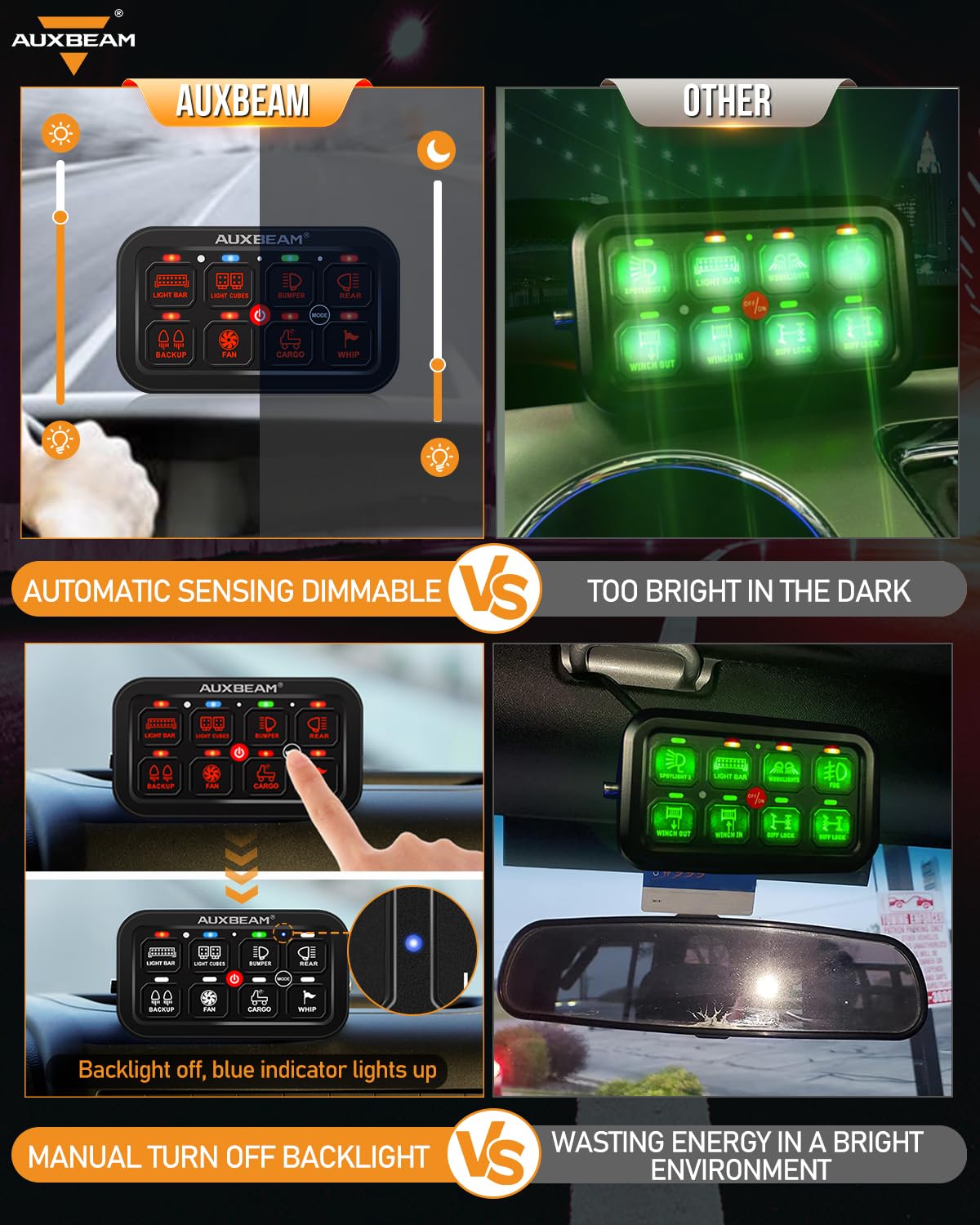 Auxbeam 8 Gang Switch Panel RA80 Toggle Momentary Pulsed RGB Dimmable Multifunction Switch Panel Easy Installation Marine Switch Pod IP65 Waterproof for Car Boat RV, 3 Years Warranty