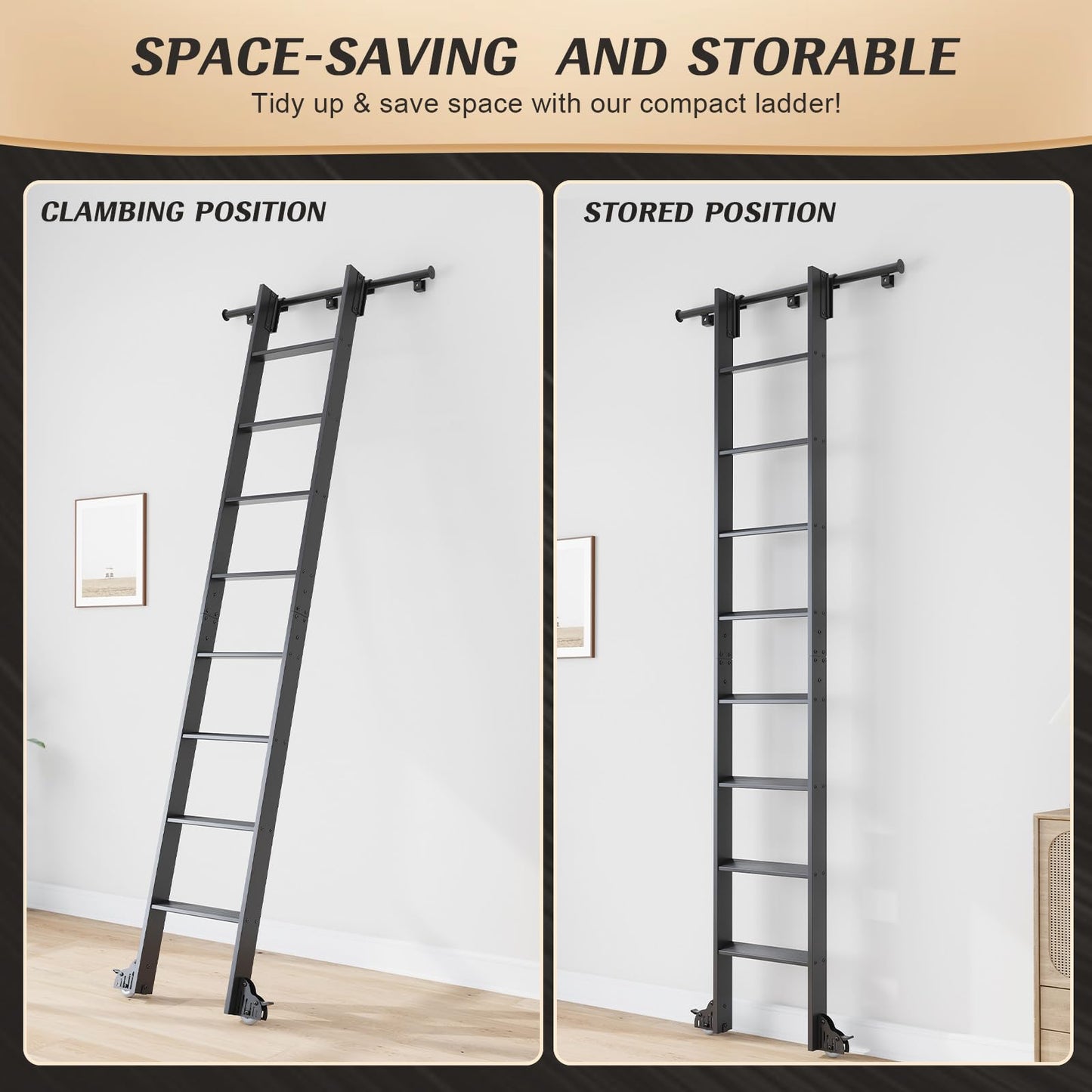 Fredbeck Aluminium Rolling Library Step Ladders 108" with 12FT Sliding Hardware Track Kit for Kitchen,Loft,Warehouses,Bookstore,attic,Metal Black