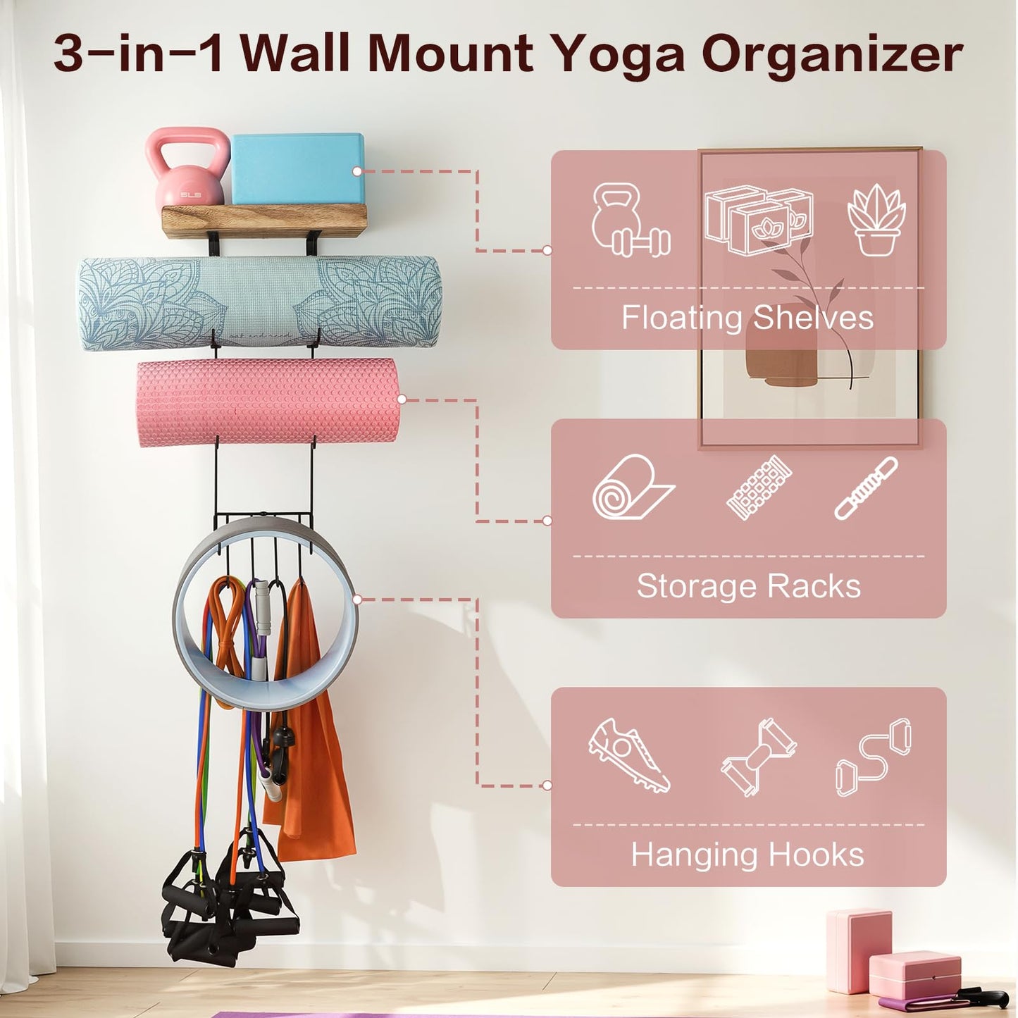 VINAEMO Yoga Mat Holder Accessories Wall Mount Organizer Storage Decor Foam Roller and Towel Storage Rack with 4 Hooks and Wooden Shelves Yoga Mats Rack Resistance Bands for Home Gym School Office
