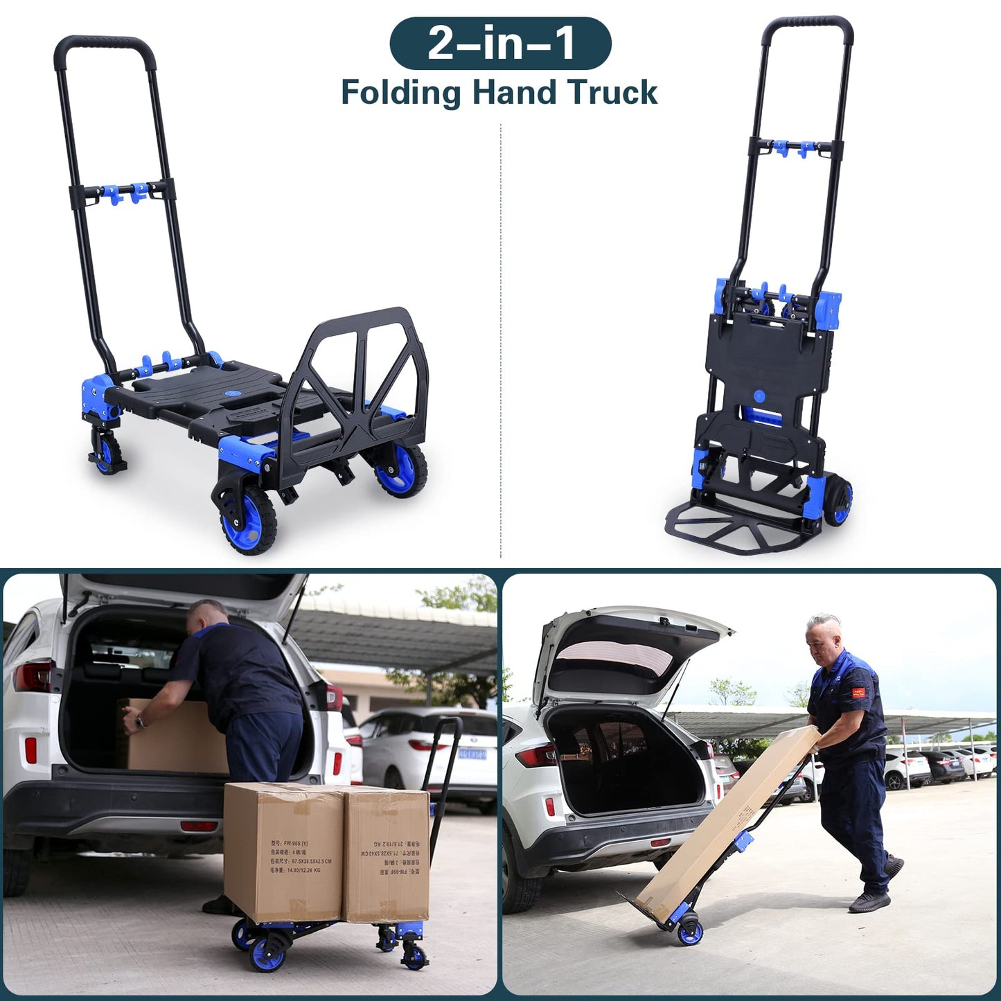 2-in-1 Hand Truck Dolly Foldable,330LB Capacity Hand Dolly,Folding Hand Cart with Retractable Handle,Hand Truck Foldable with 4 Wheels,Portable Handtruck