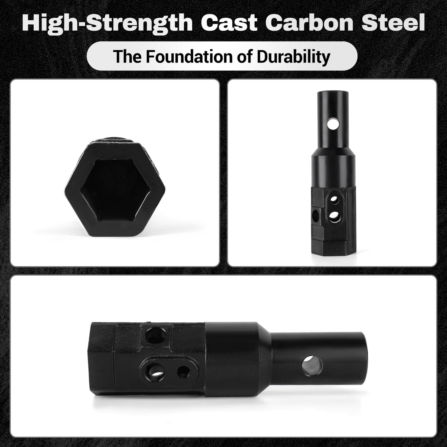 2" Female Hex to 2-9/16" Male Round Auger Adapter Heavy-Duty Auger Coupler Welded Drive Converter for Skid Steer, Tractor, Post Hole Digger & Earth Auger Bit, Fits 3/4" or 7/8" Pins