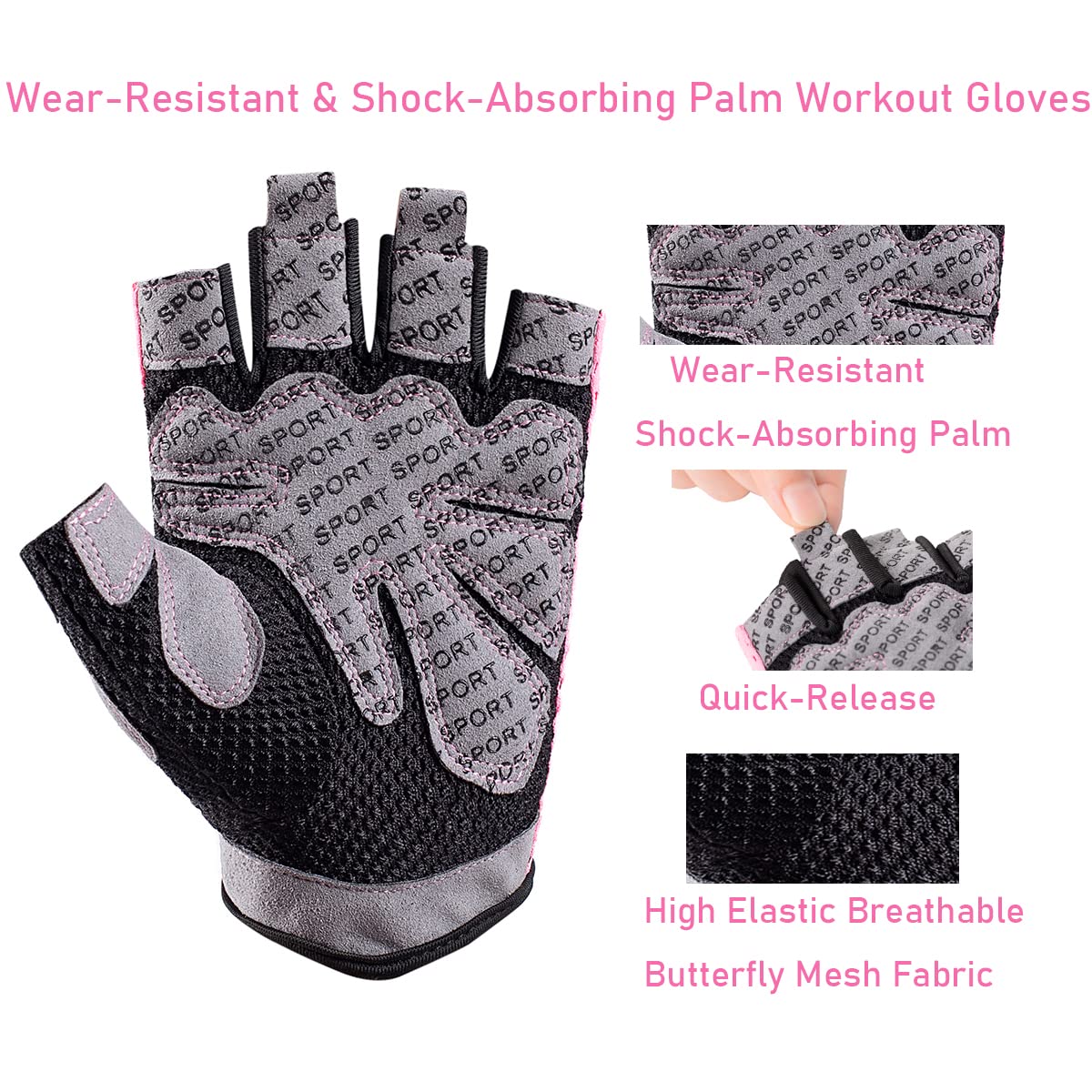 LJCUTE Workout Gloves for Men & Women, Fingerless Breathable & Full Palm Protection Gym Exercise Gloves for Weight Lifting, Fitness, Powerlifting, Cycling (Pink, Medium)