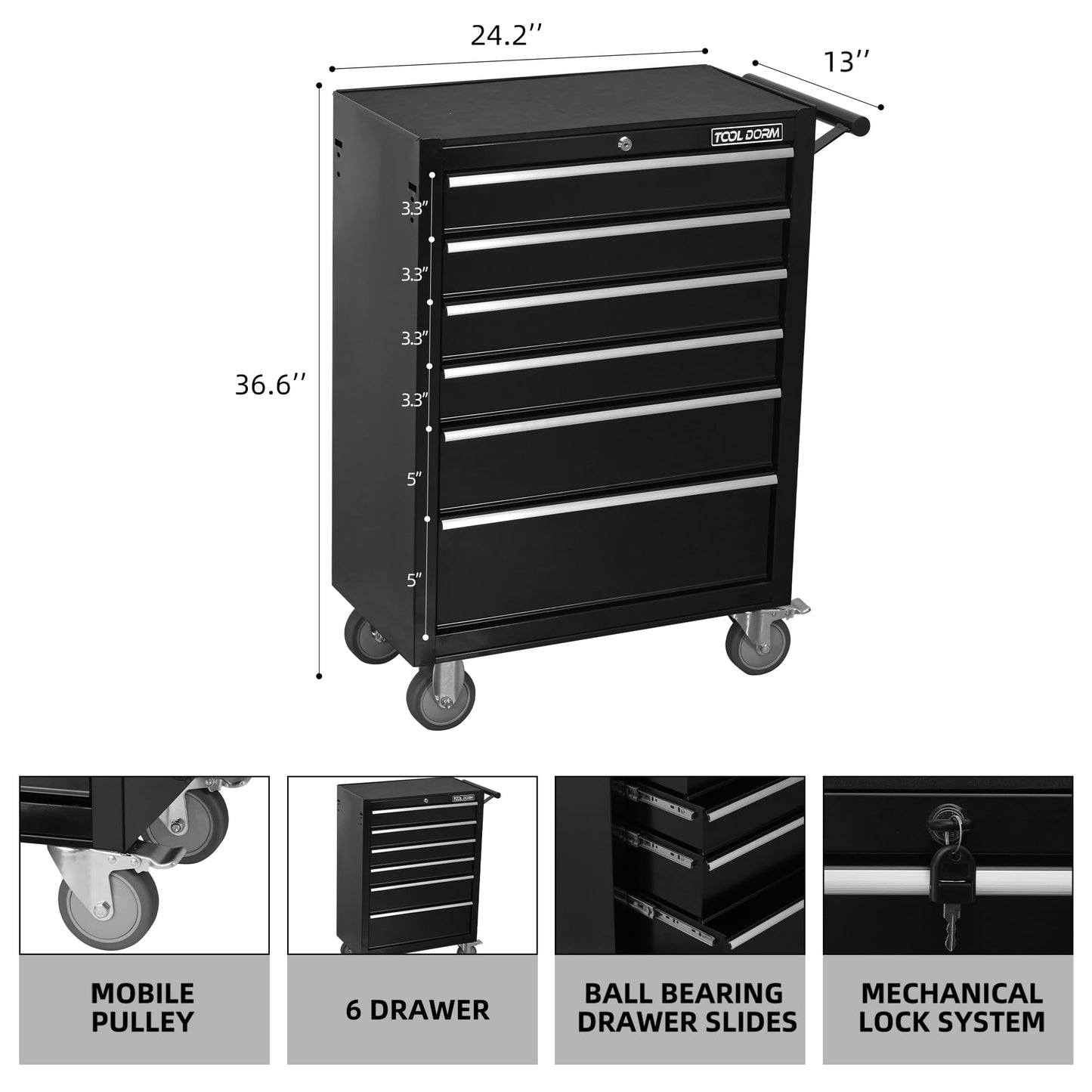 6-Drawer Rolling Tool Chest with Locking Wheels & Drawers, 13" D x 24.2" W x 36.6" H Mobile Tool Storage Cabinet, Heavy-Duty Garage Organizer with Ergonomic Handle