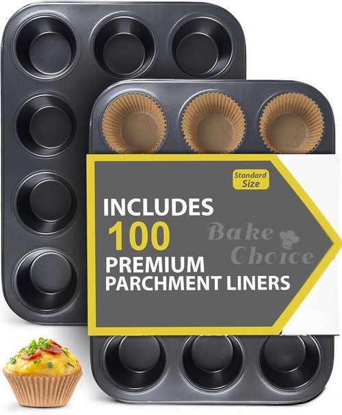 Bake Choice Muffin Pan Set - Nonstick 12-Cup Baking Pans with 100 Natural Cupcake Liners