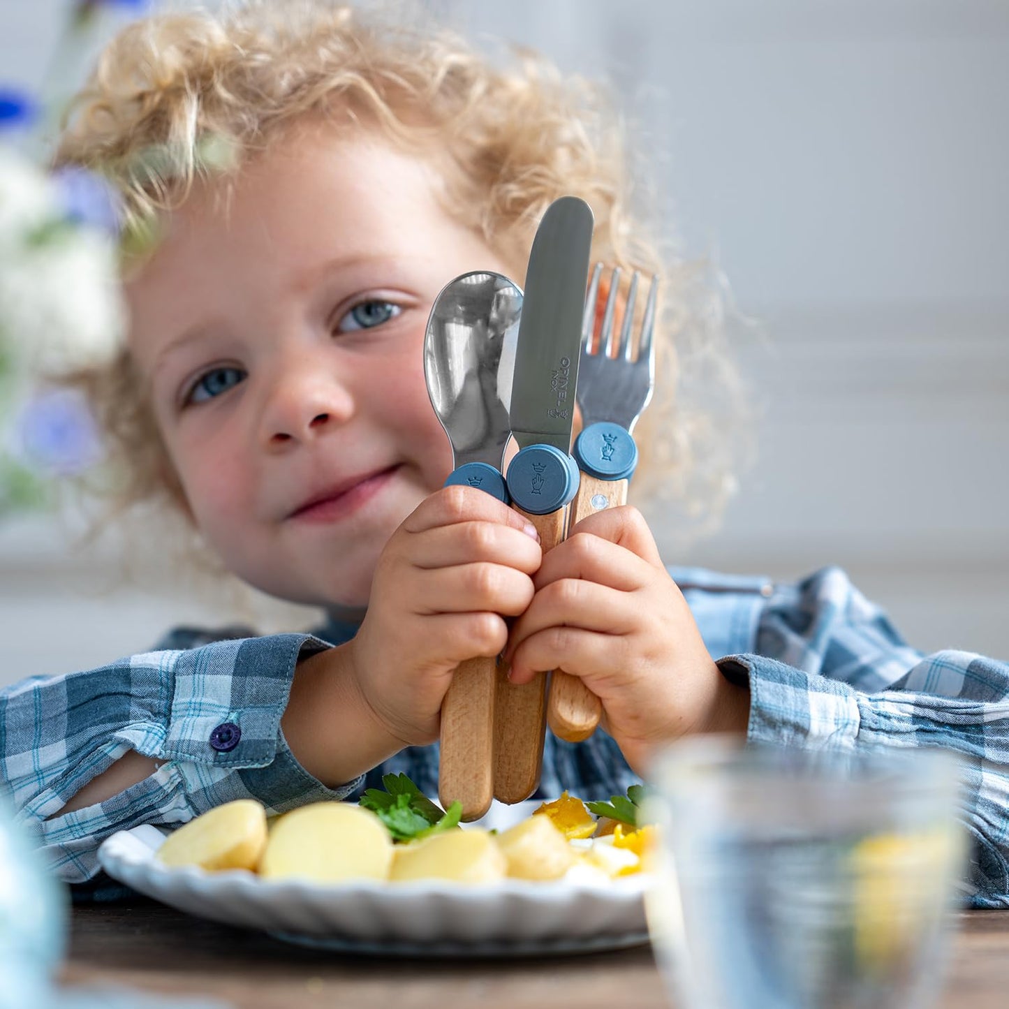 Opinel Le Petit Gourmet – 3 Piece Children’s Cutlery Set, Rounded Dull Knife, Spoon, Fork, Supports Independence at Every Meal, Montessori Tools Made in France (Rain Blue)