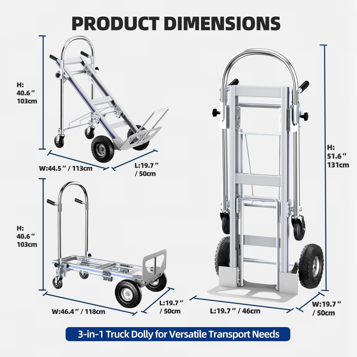 Aluminum Hand Truck, 3 in 1 Convertible Hand Truck Dolly 1000 Lbs Capacity, Pneumatic Wheels - Collapsible Heavy Duty Cart for Efficient Storage, Suit for Moving in Supermarket, Garden, Grass, Yard