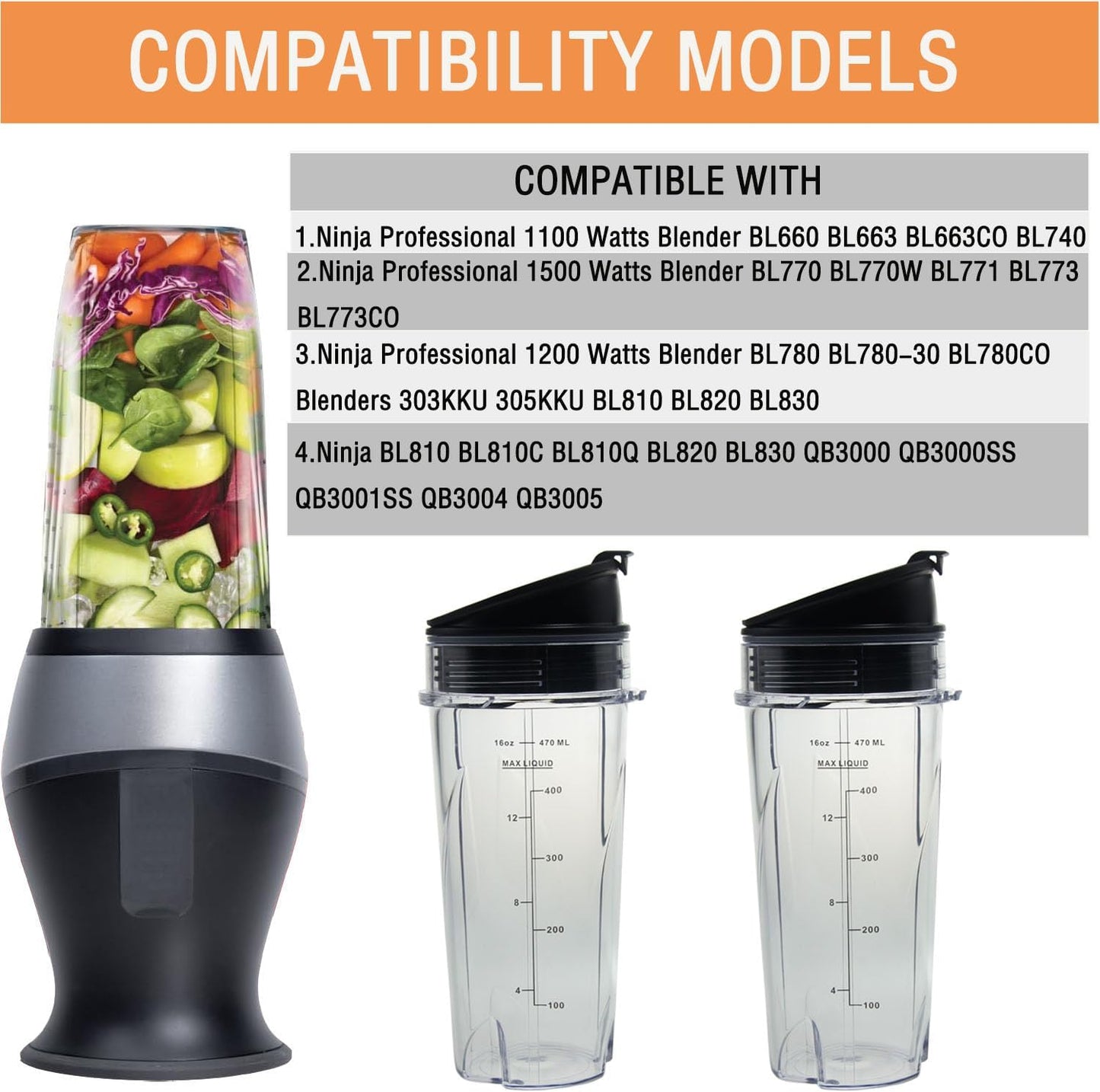 Ninja 16oz Replacement Cups - Compact Personal Blender Cup Set with Seal Lids | 2 Pack for BL770, BL780, BL660
