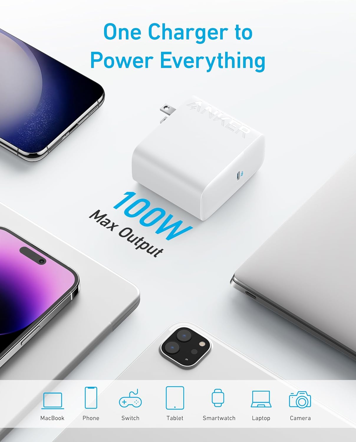 Anker 100W 5FT MacBook Pro Charger, Compact and Foldable USB C Charger for MacBook Air, Samsung Galaxy, iPad Pro