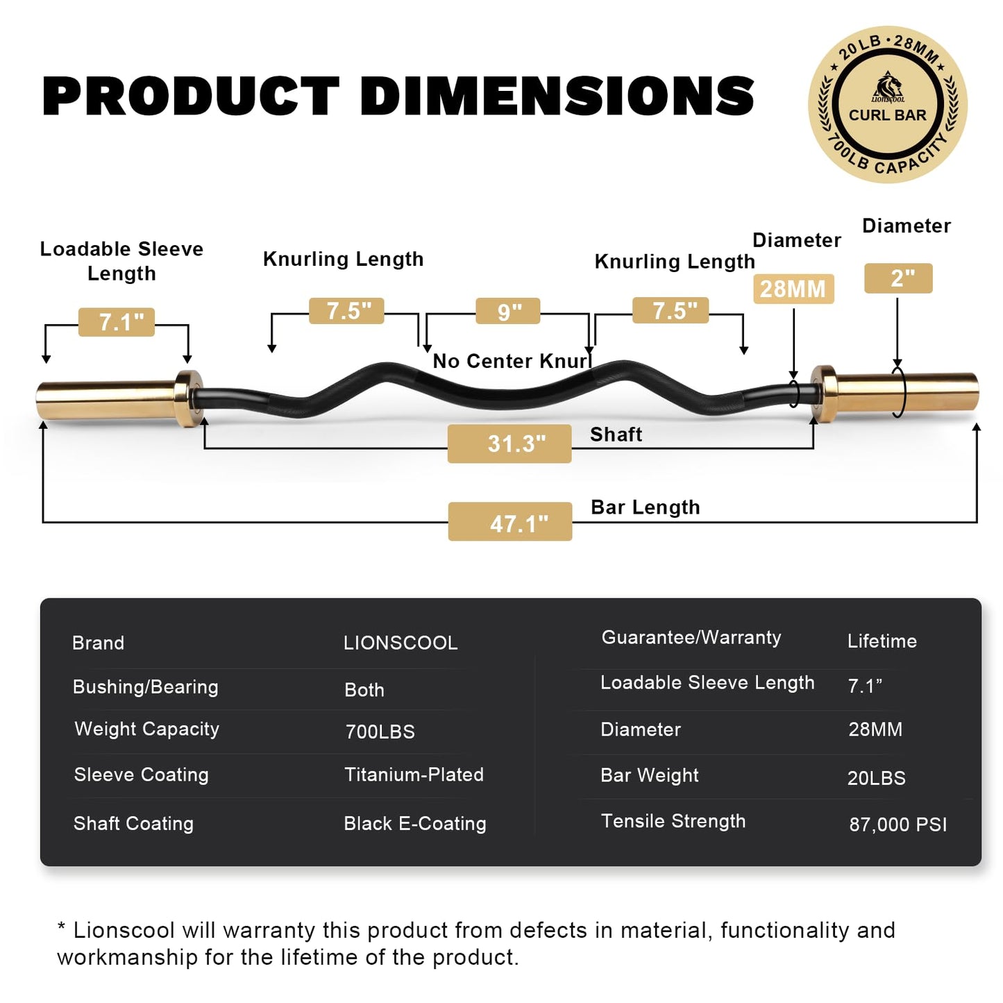 LIONSCOOL EZ Curl Bar (Golden Titanium Coated Sleeves & Black E-coated Shaft, 700LBS, 28MM)