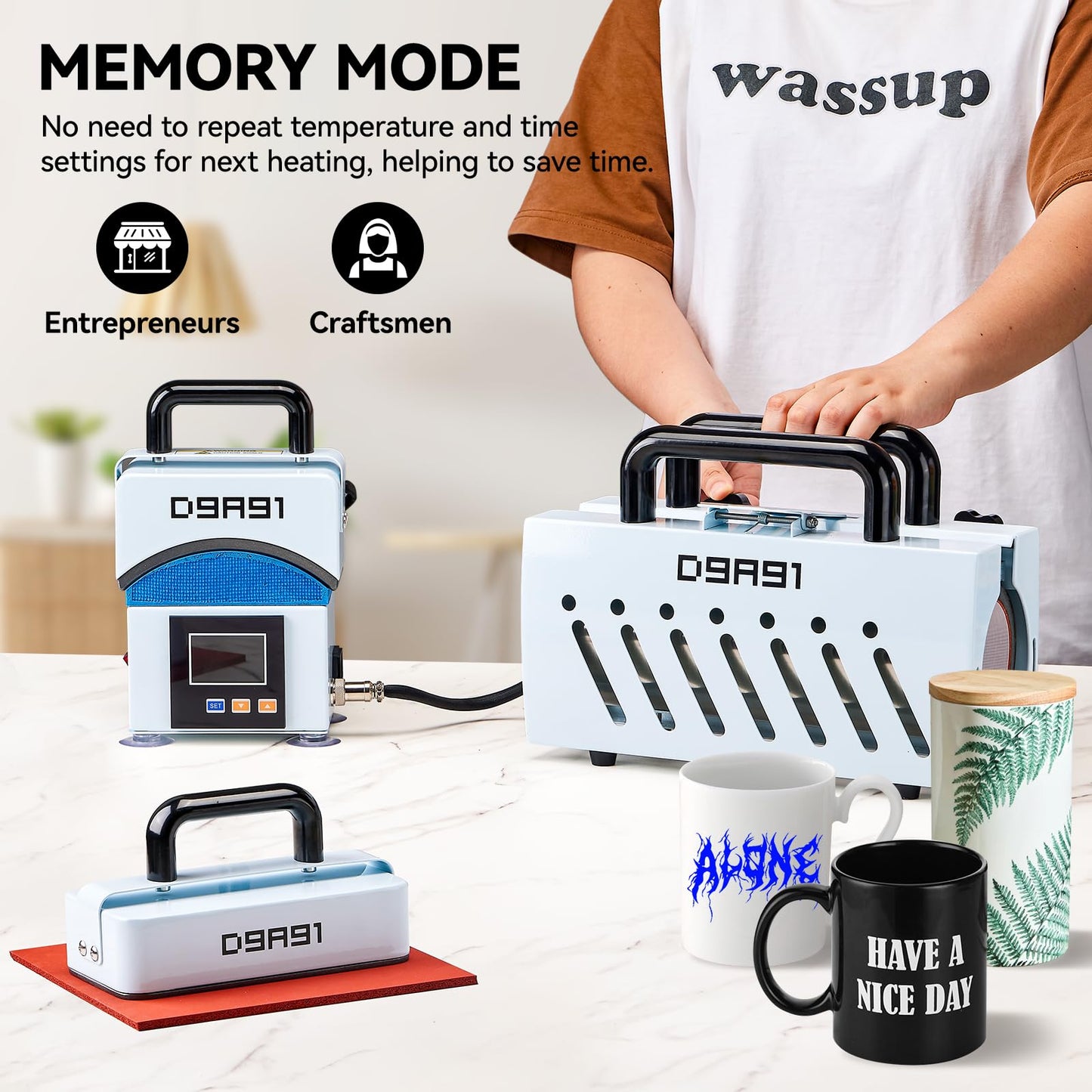 D9A91 3 in 1 Heat Press Machine, Hat Press Machine and Tumbler Heat Press Machine. for Caps, T-Shirt & More, 11-30oz Mug Press, Heat Up Fast and Even,No Crease, LCD Digital Temperature -Light Blue