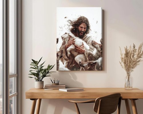 Jesus And Lamb Canvas Wall Art - Inspirational Christian Decor | 12x16 Inch Framed Painting for Living Room or Bedroom