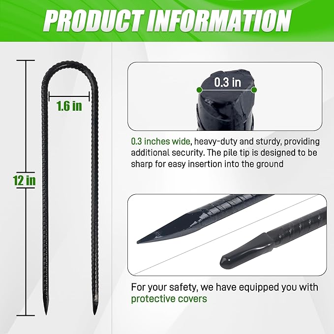 Anothera 8 Pack Heavy Duty Trampoline Stakes, 12 Inches Trampoline Anchors High Wind, Heavy Duty U Shaped Rebar Stakes for Trampoline, Tents, Inflatables, Fences, Outdoor Decoration