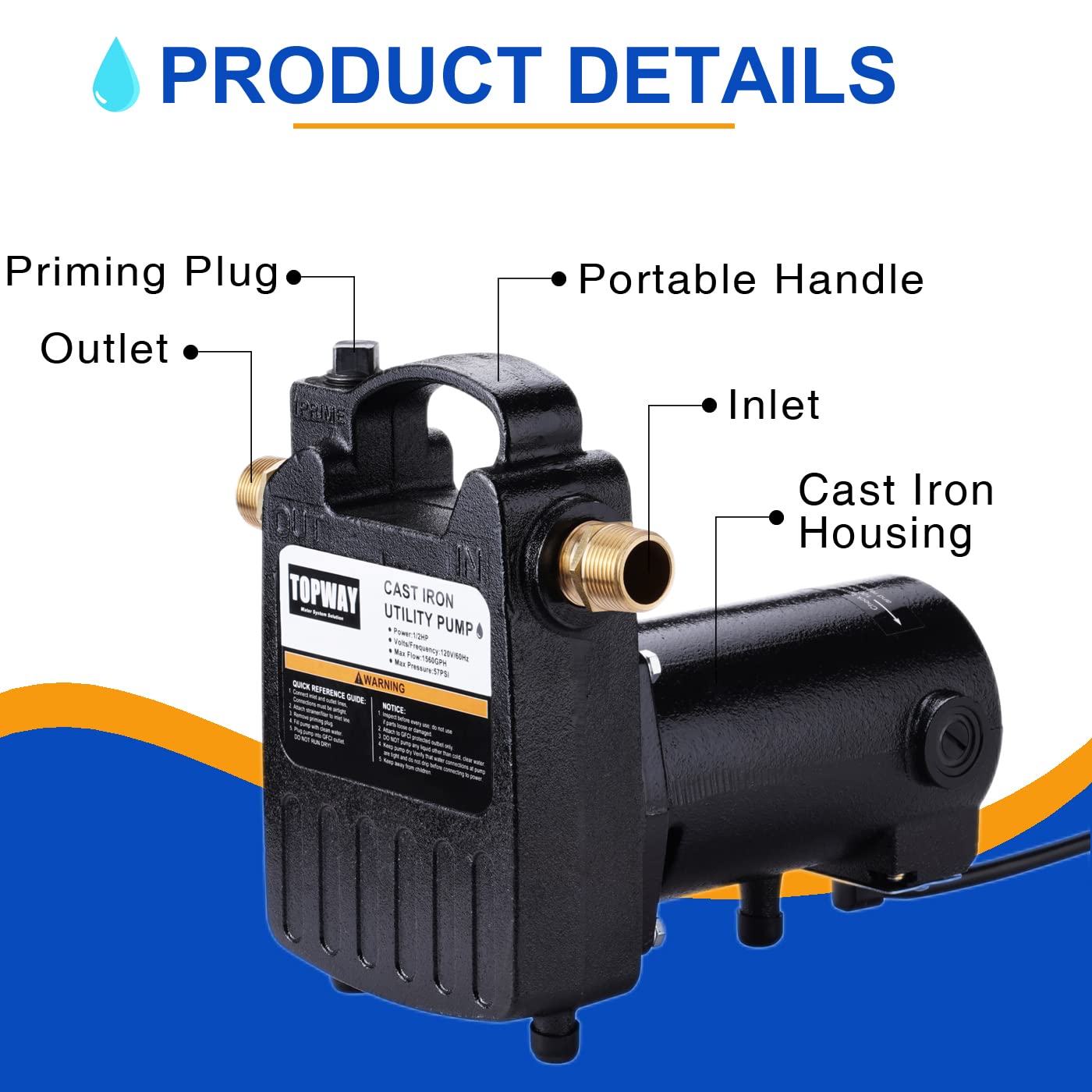 TOPWAY 1/2HP 1560GPH Portable Cast Iron High Pressure Utility Transfer Water Pump with Built-in On/Off Switch,Hose connectors & Suction Strainer.
