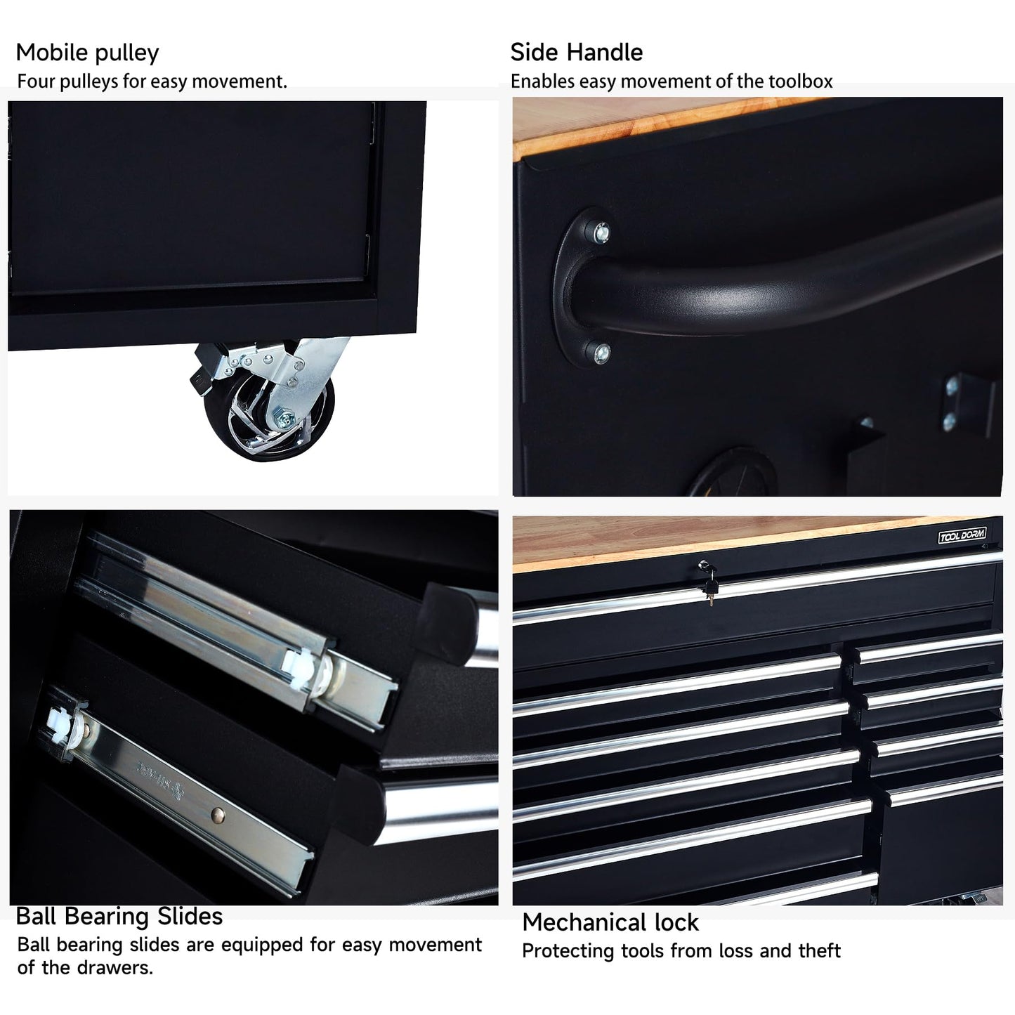 TOOL DORM Rolling Large Tool Chest 56-Inch 10 Drawers, Big Tool Chest with Drawers, Workbench with Wooden Top and Power Strip, Rolling Toolbox with Drawers and Locking System, Black