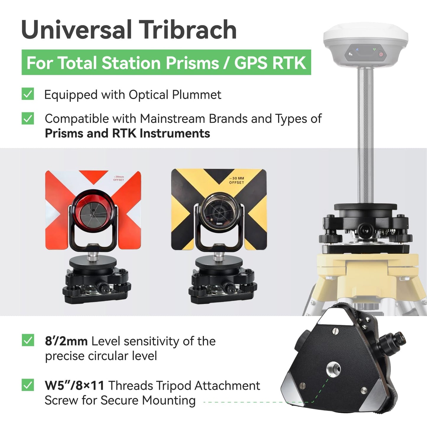 SingularXYZ Universal Tribrach/Base for GPS RTK and Total Station Prisms, Black Aluminum Alloy Construction, Durable, 5/8" x 11 Thread for Surveying Equipment
