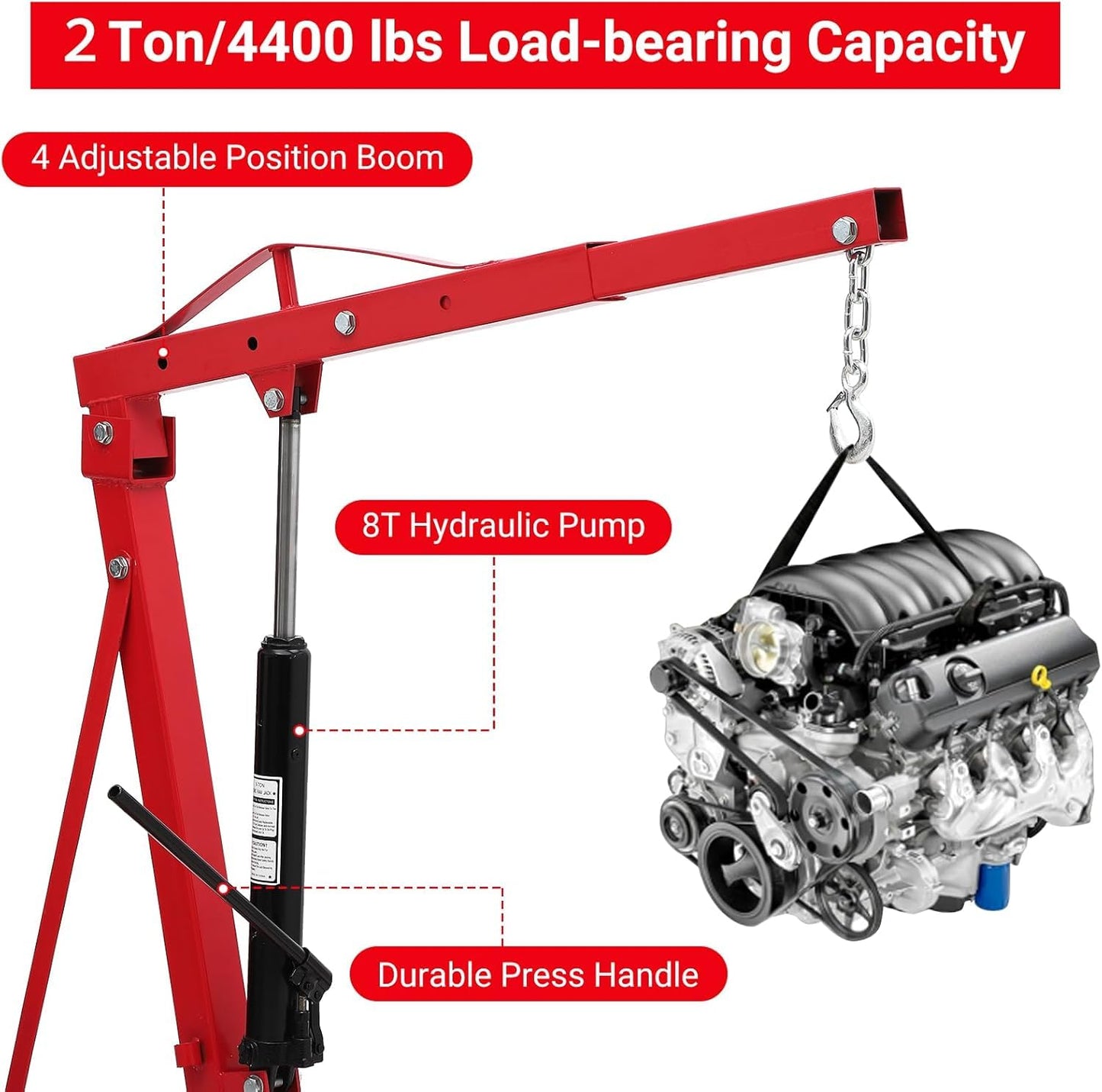 GarveeTech 2-Ton Folding Engine Hoist Cherry Picker 4400 Lb Capacity Hydraulic Shop Crane with Telescoping Boom 6 Caster Wheels for Automotive Repair Garage Use Includes Hitch and Storage Stand Red