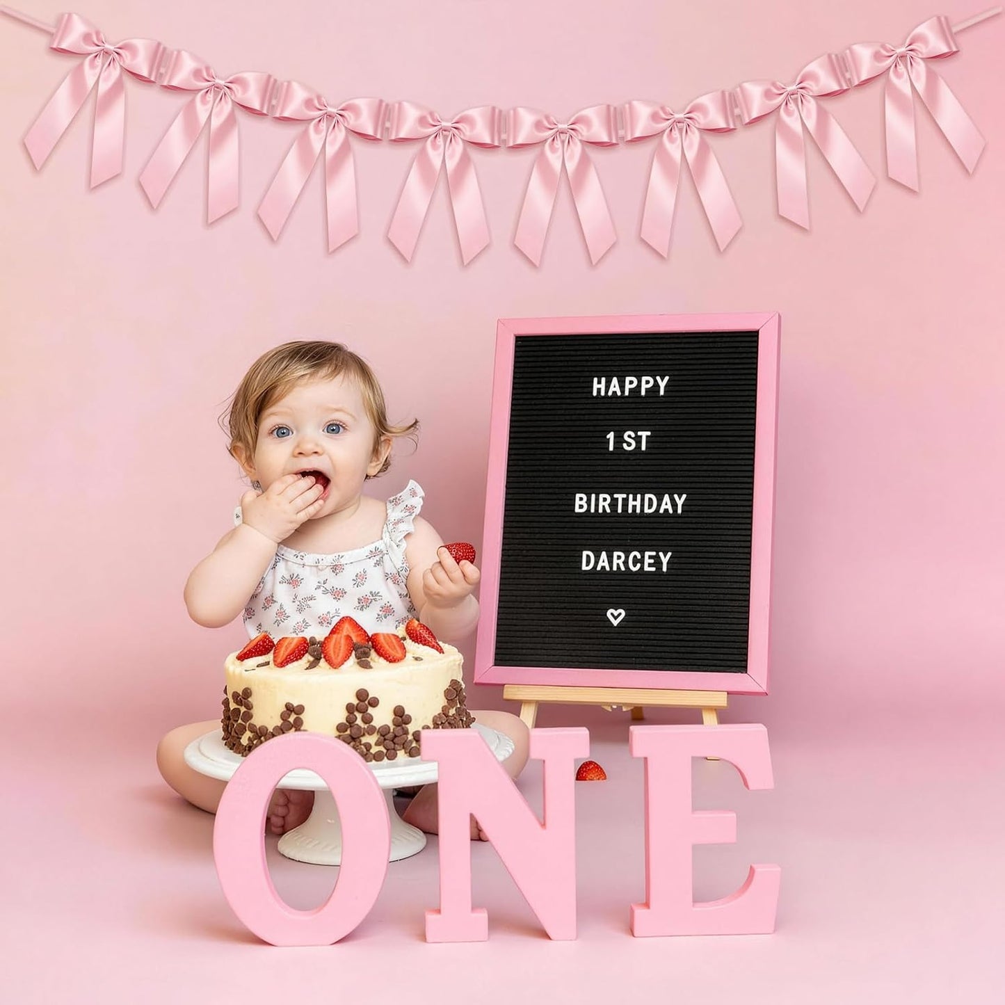 Skiennix Pink Bow Garland Banner - 8 Pre-Strung Double-Layer Satin Ribbon Bows | Valentine's Day Decor & Party Accent