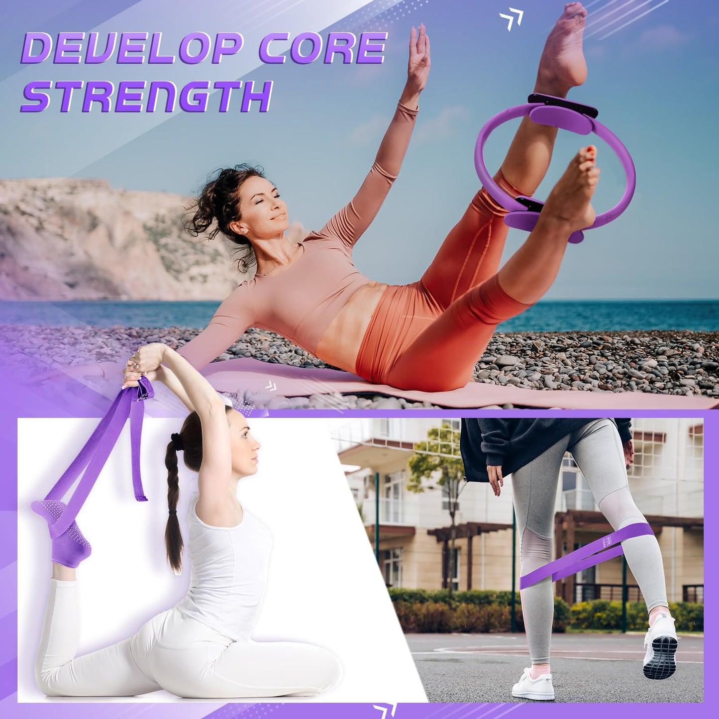 Poen 18 Pcs Home Pilates Ball and Ring Circle Set Yoga Fitness Essentials Kit with 5 Resistance Band Stretching Strap Non Slip Sock Ball Core Slider Wristband Headband Gym Bag for Women(Purple)