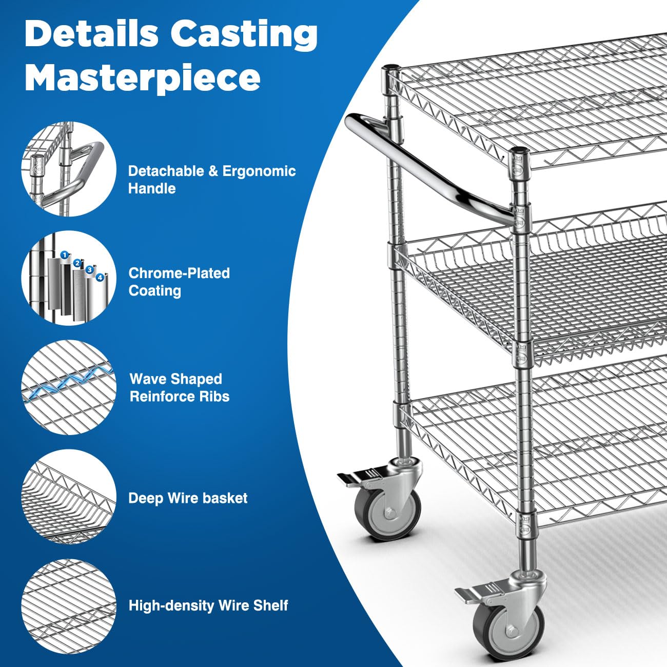 Leteuke Heavy Duty Rolling Utility Cart, 45 Inch Kitchen Carts with Wheels, NSF Commercial Grade with Handle & Shelf Liners, 1120LBS Storage Cart for Kitchen,Restaurant,Plant Display-Chrome