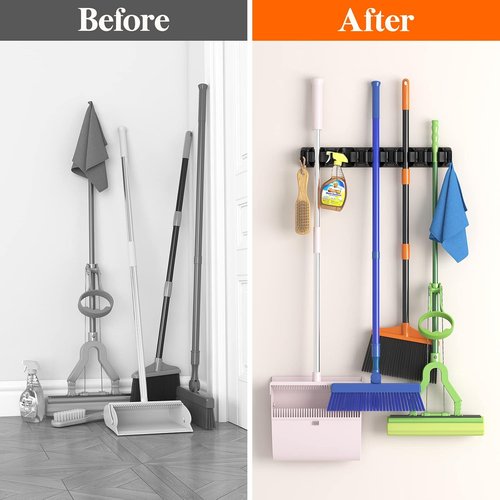 Lifewit Mop And Broom Holder - Anti-Slip Wall Mount Organizer With 5 Slots & 6 Hooks | Holds 30lbs, Black