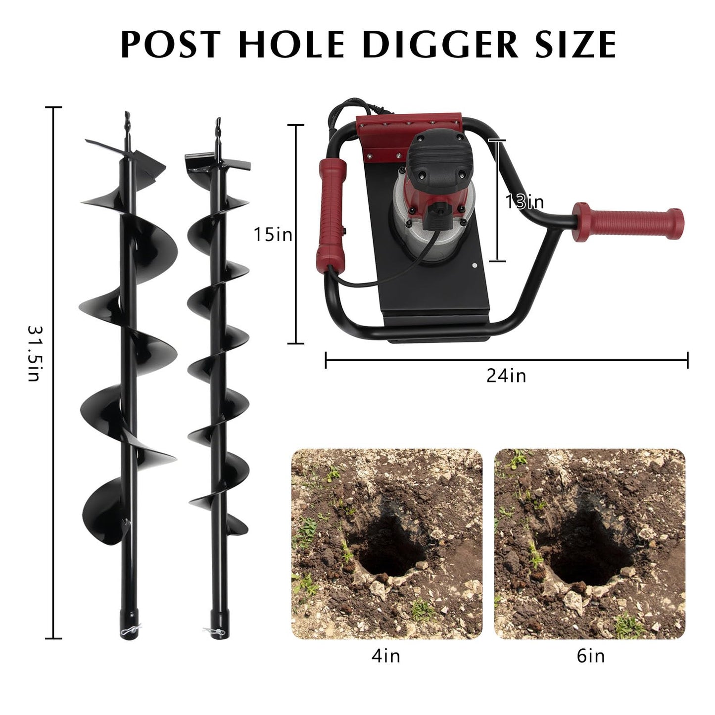 Post Hole Digger 1500W Earth Auger Hole Digger Electric Post Hole Digger w/4" & 6" Auger Bits Set for Fence Garden Farm Plant