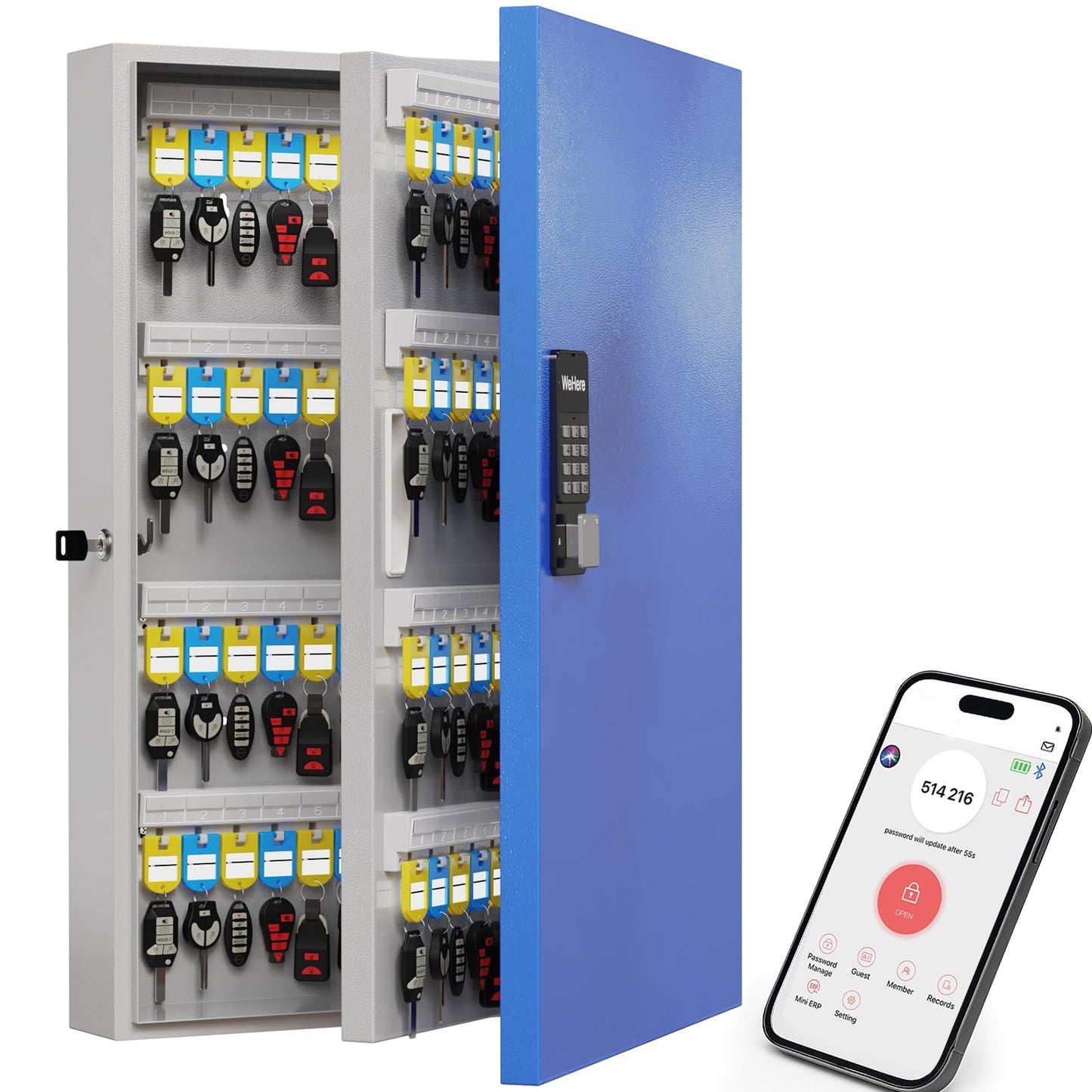WeHere 192-Key Smart Key Lock Box, Wall-Mount Key Cabinet with Key Management App(Track Key Borrow/Return), Keypad, Bluetooth & WiFi Unlock (Sold Separately) for Commercial, School, Rental, Office
