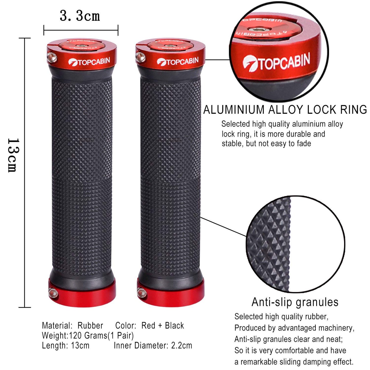 TOPCABIN Bicycle Grips,Double Lock on Locking Bicycle Handlebar Grips Rubber Comfortable Bike Grips for Mountain BMX ((Aluminum Lock Plug) Red 1 Pair)