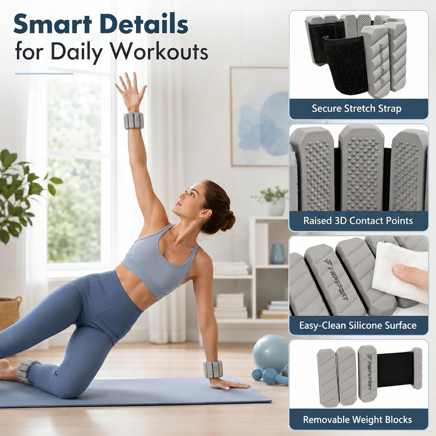 FWPSPORT 2 lb Wrist and Ankle Weights Set of 2 (1 lb Each) with Resistance Band, Adjustable Silicone Wearable Arm & Leg Weights for Walking, Pilates, Yoga, Home Workout