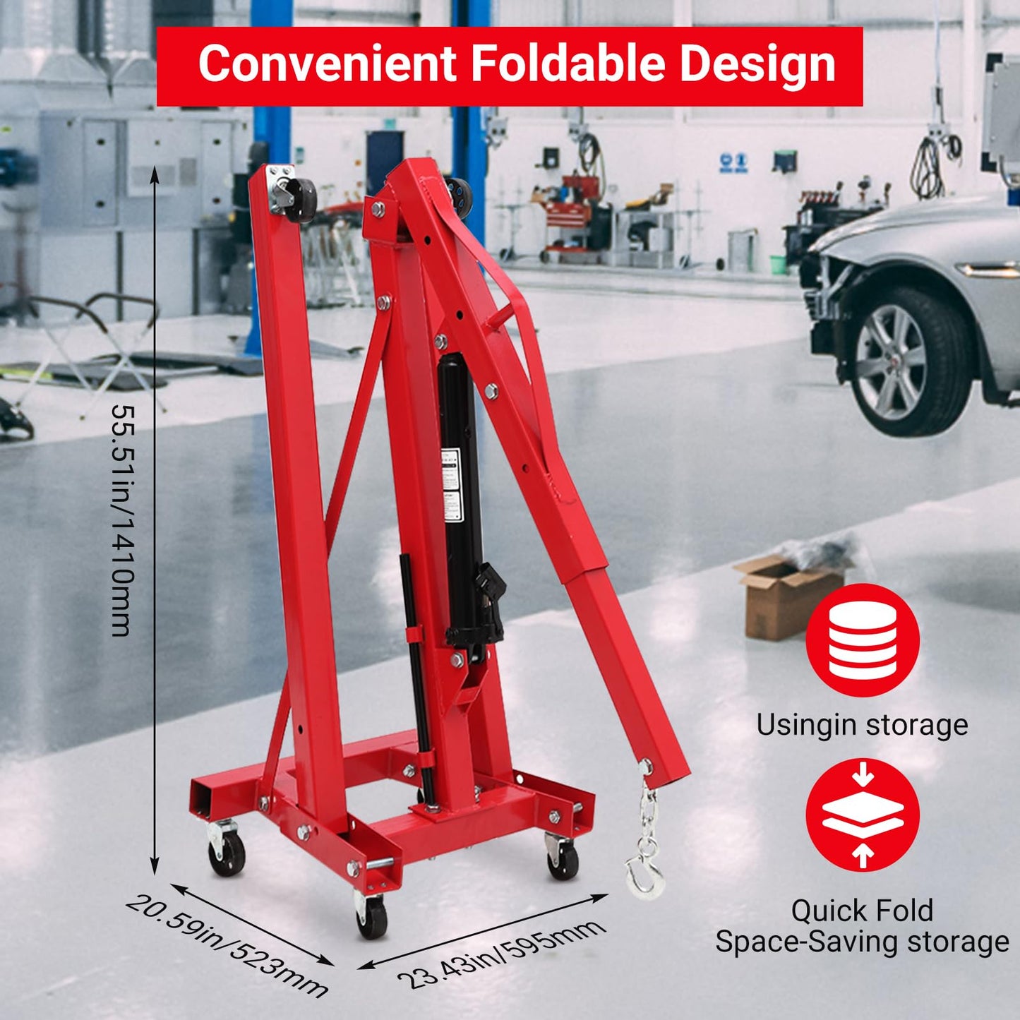 MERXENG Engine Hoist with Lever, 2 Ton Folding Cherry Picker Engine Hoist with Lever and 6 Casters, 4400lbs Heavy Duty Hydraulic Shop Crane, Engine Lift for Workshops Garage Warehouse