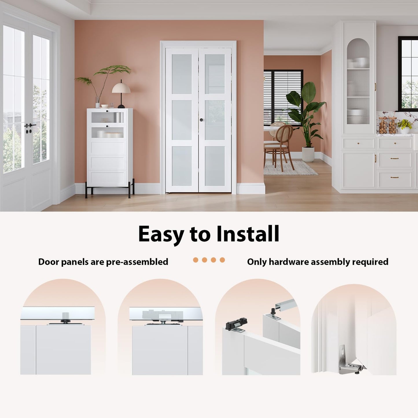 EaseLife Preassembled Bi-Fold Doors, for 30"x 80" Opening,Tempered Frosted Glass Closet Folding Barn Door with Concealed Hardware Kit,MDF Wood Panel,Water-Proof PVC Surface,Easy Installation