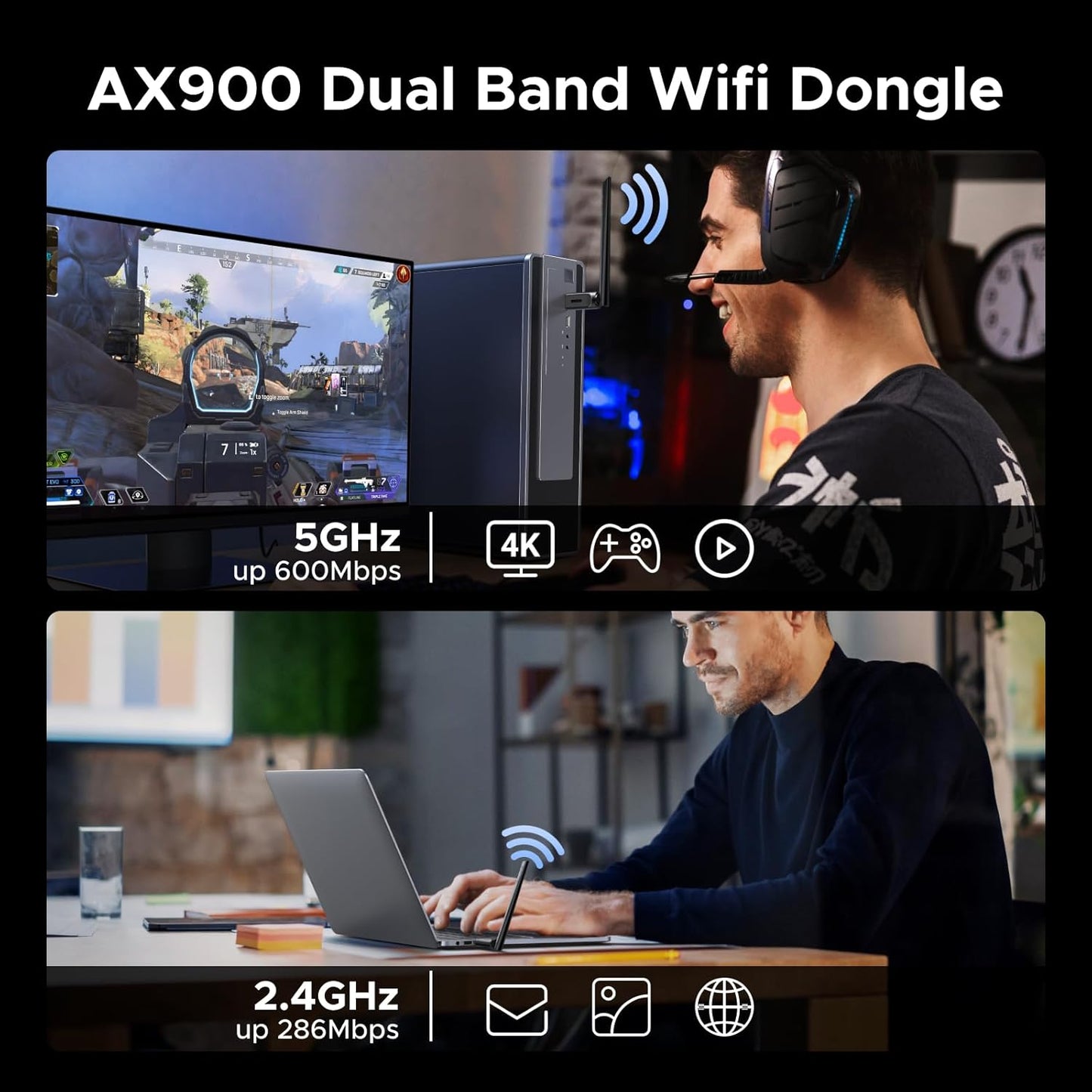 UGREEN 2-in-1 AX900 5.4 6 5GHz/2.4GHz 6dBi 10/11 USB Bluetooth WiFi Adapter, + Bluetooth WiFi Adapter for Desktop PC