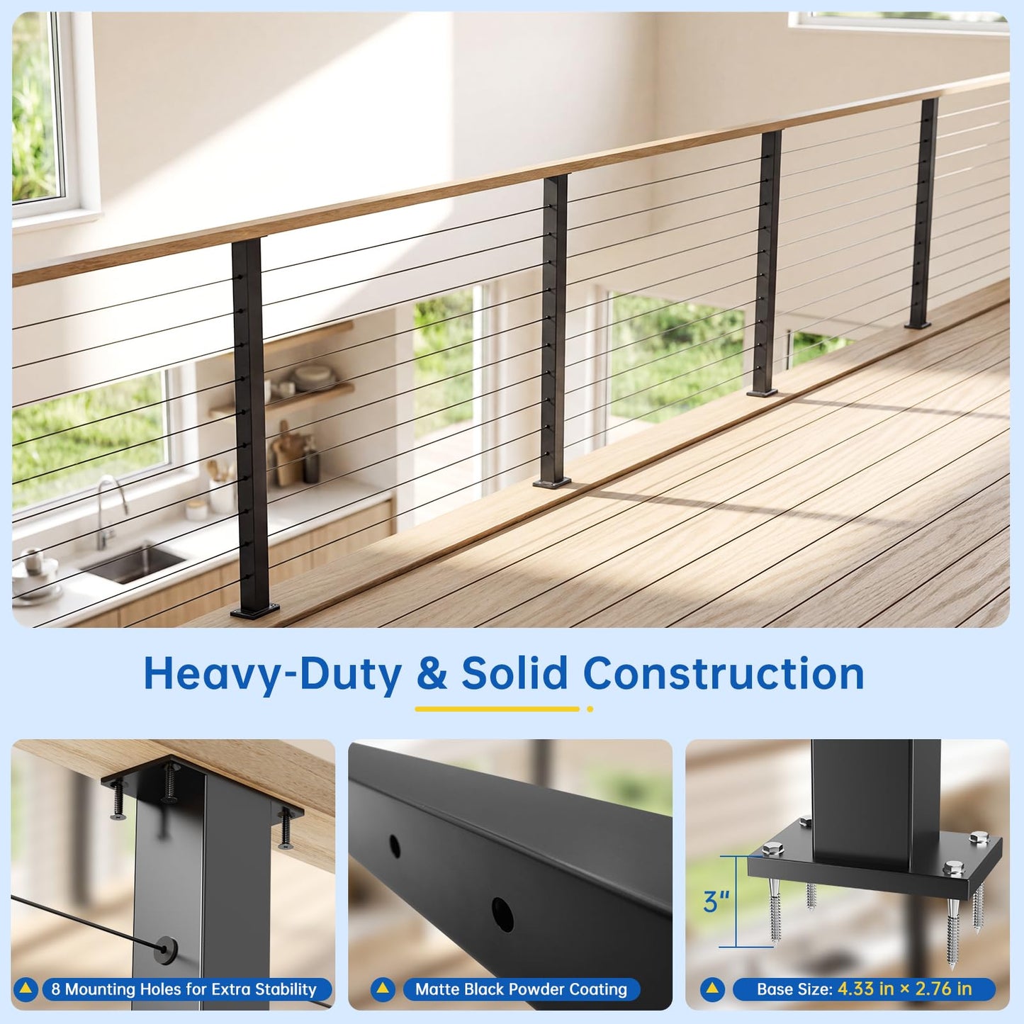 Zylorix 36" Swageless Level Cable Railing Post for Deck Cable Railing, T304 Stainless Steel Surface Mount 180° Drilled Deck Post with Upgraded Black Powder Coating for Indoor Outdoor Porch