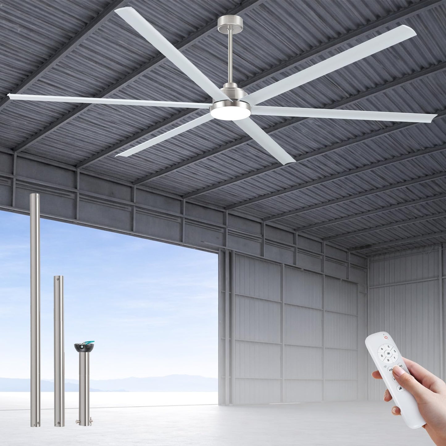 100 Inch Large Industrial HVLS Ceiling Fan with Light and Remote,High CFM Ceiling Fan with 6 Brushed Nickel Double-Layer Aluminum Blades and 12/24/36in Downrod,Quiet DC Motor Outdooor Fan for Patio